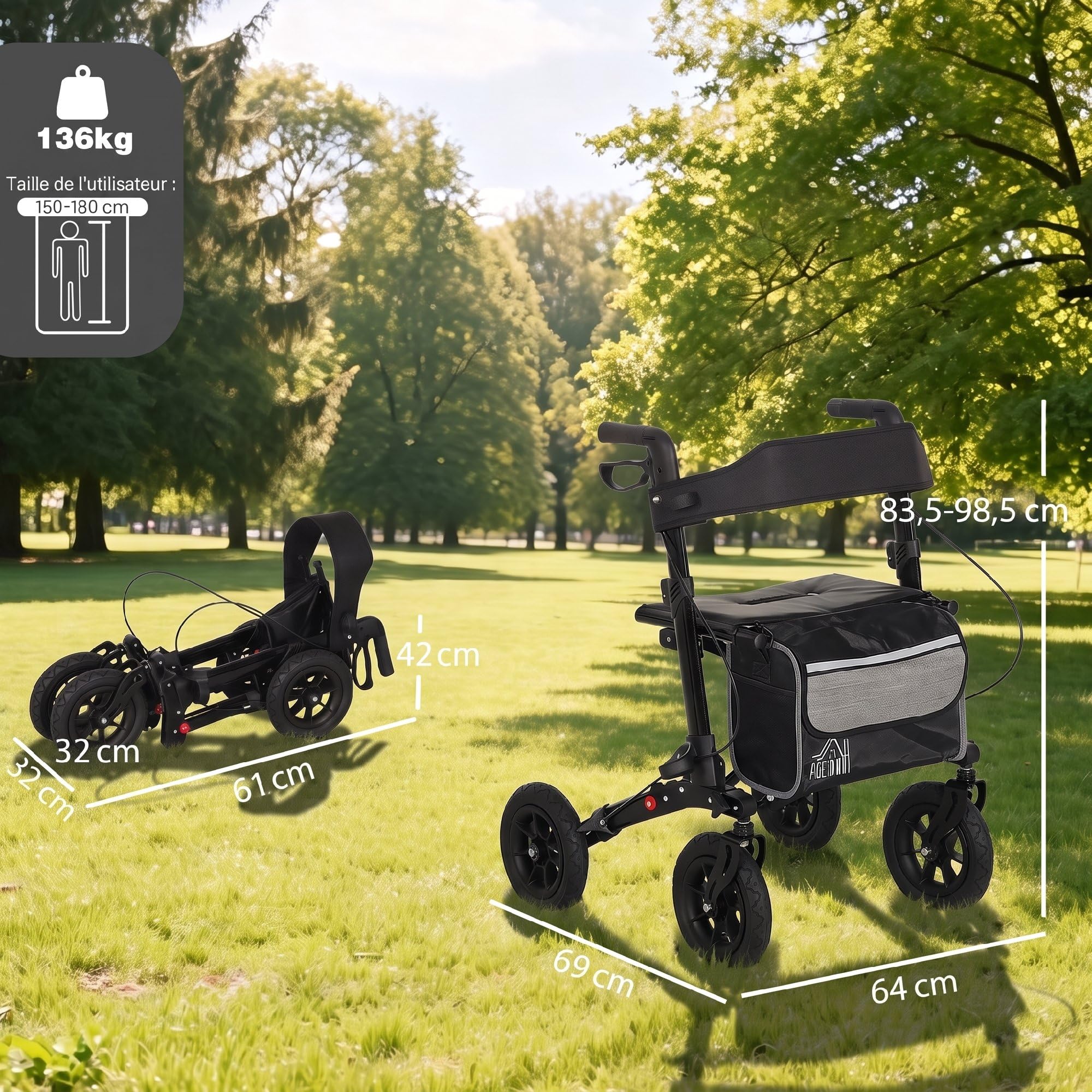 HOMCOM Déambulateur 4 roues pliable, rollator en aluminium léger, siège rembourré, dossier, poignée réglable, sac rangement, double frein, roues tout-terrain, déambulateur pour personnes âgées, noir