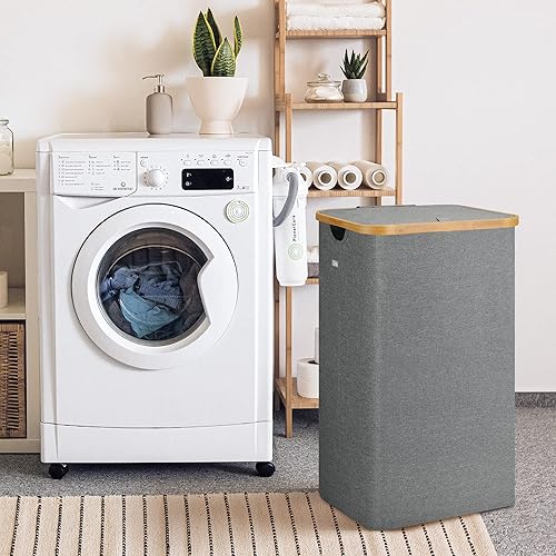 Miniatura 8 de Bellzacasa Cesta de lavandería con tapa, 100 litros de alto, grande, con asas de bambú para ropa y juguetes, cesta de lavandería plegable