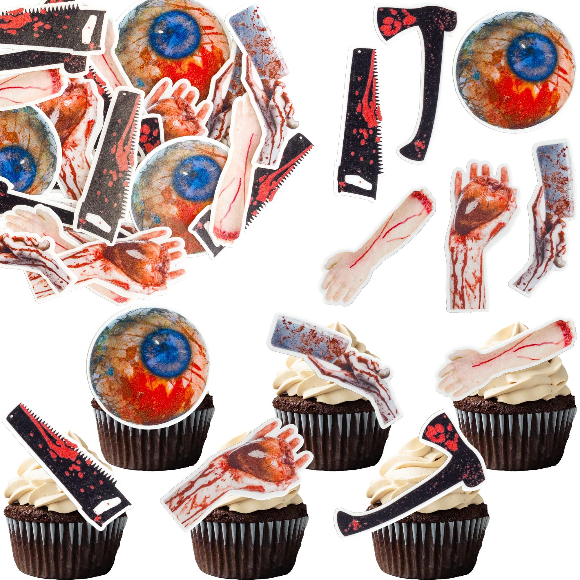 Gyufise 56Pcs Edible Halloween Broken Body Parts Cupcake Toppers Wafer Paper Blood Eyeballs Cake Decoration for Halloween Eve Theme Party Birthday Decor Multi