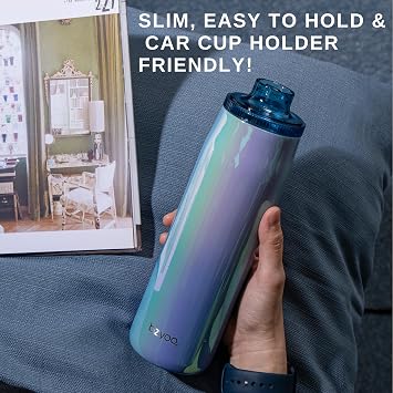 bzyoo 24oz Insulated Water Bottle with Clear Chug Lid - 100% Leakproof Stainless Steel Bottle, Aurora Iridescent Blue, BPA-Free Double Wall Vacuum Flask for Hot & Cold Drinks, Fits Car Cup Holders