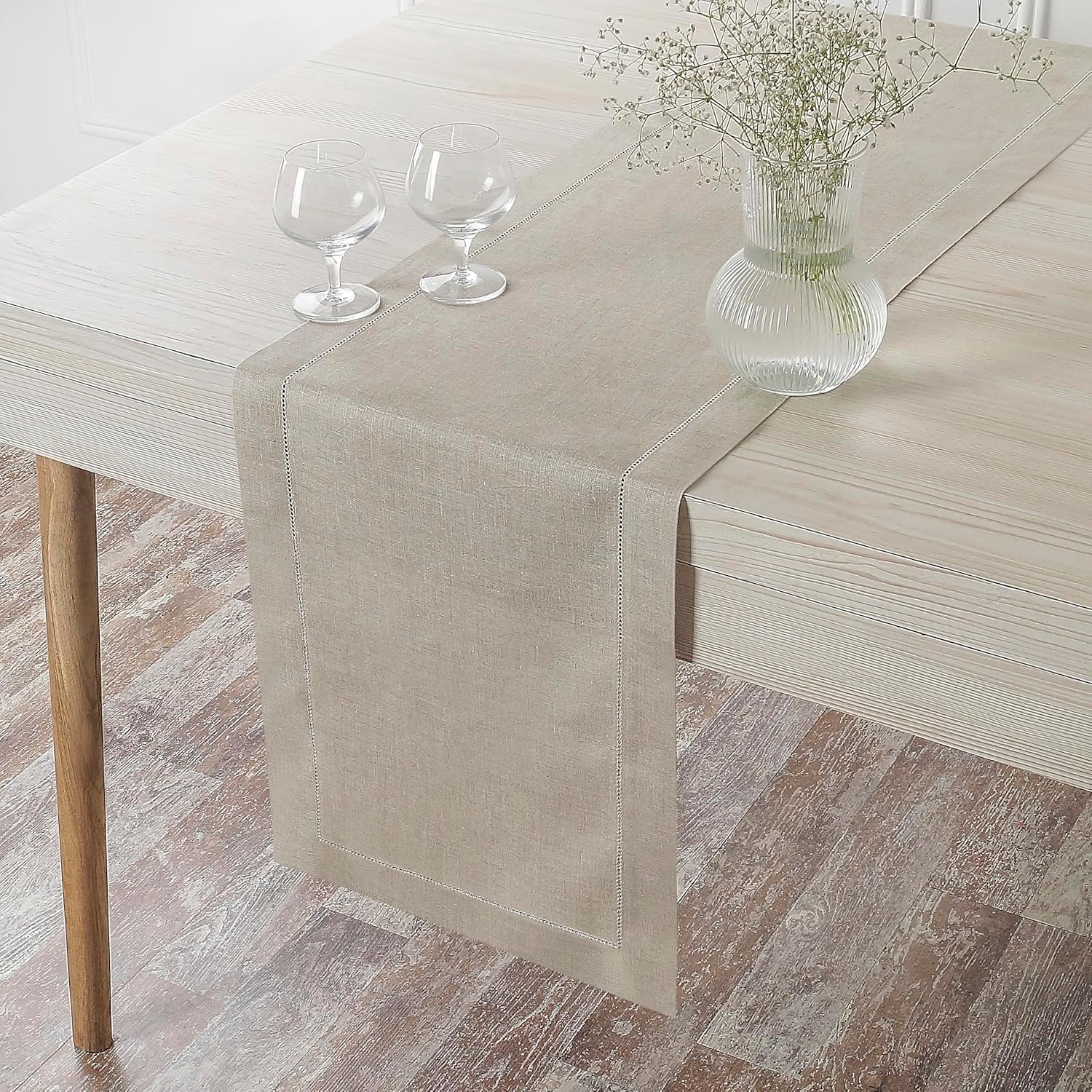 D'Moksha Homes Linen Natural Table Runner 72 Inches Long - 100% Pure Linen Hemstitch Table Runner 14 x 72 Inch for Dresser, Dining, Mothers Day, Spring, Easter - Classic Hemstitch