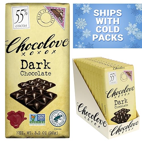 Chocolove Chocolate negro, 55% cacao, paquete de 12, sin OMG, cacao certificado Rainforest Alliance Barra de 3.2 onzas