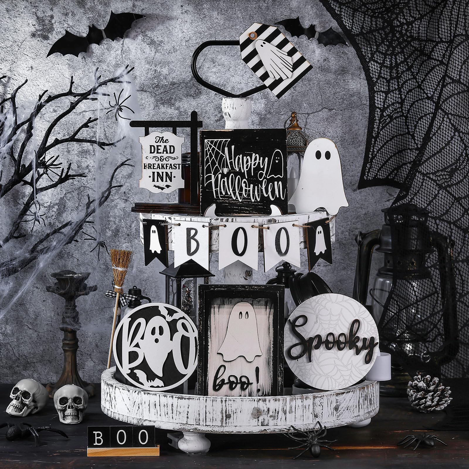 Wonderjune 19 Pcs Tiered Tray Decor - Cute Ghost Tray, Wooden Signs, Bead Garland - Farmhouse Rustic Halloween Decorations for Home Table Party Supplies