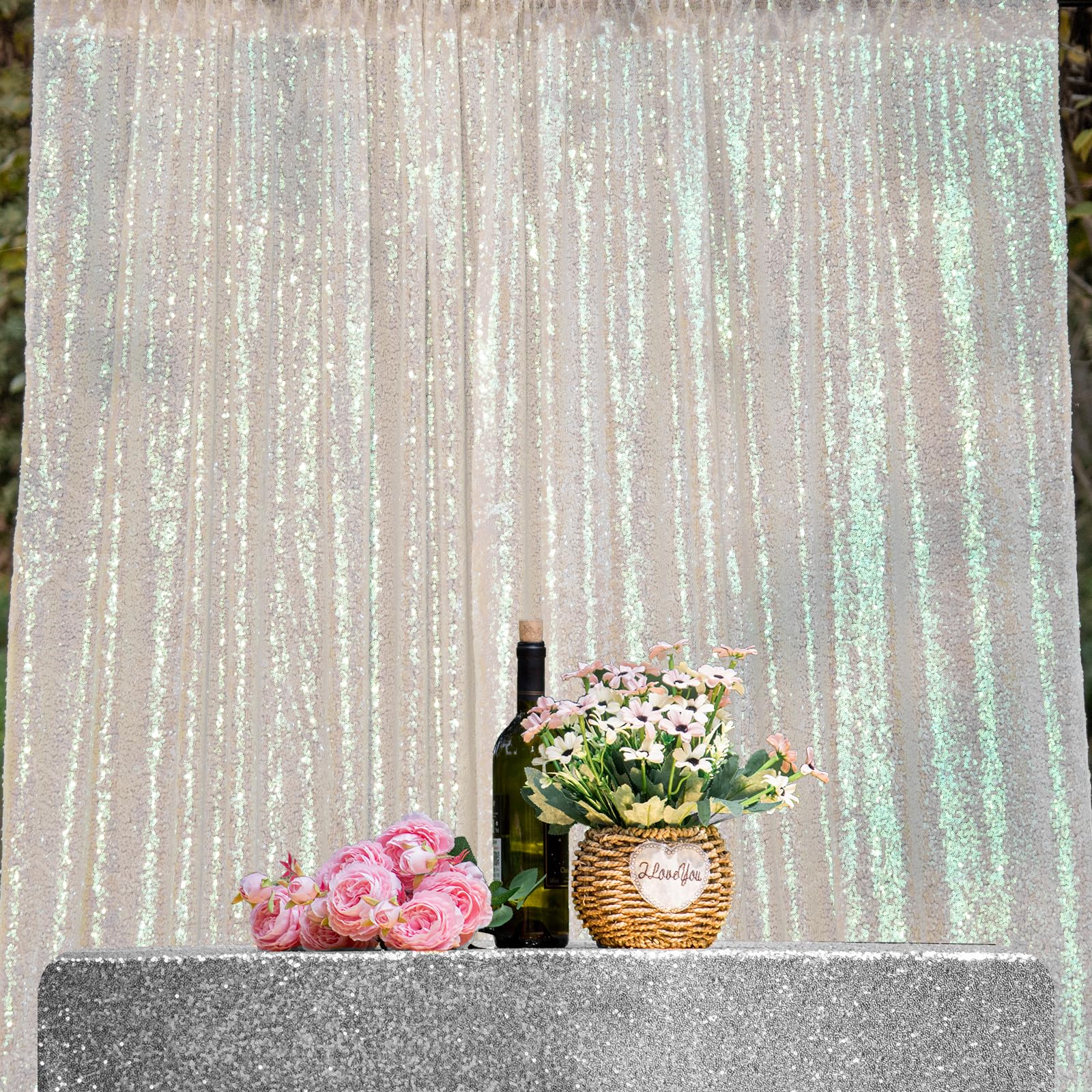 Lot de 4 rideaux à paillettes blanches irisées de 0,6 x 2,4 m - Toile de fond à paillettes irisées pour fête, mariage, fête prénatale, rideau de photographie