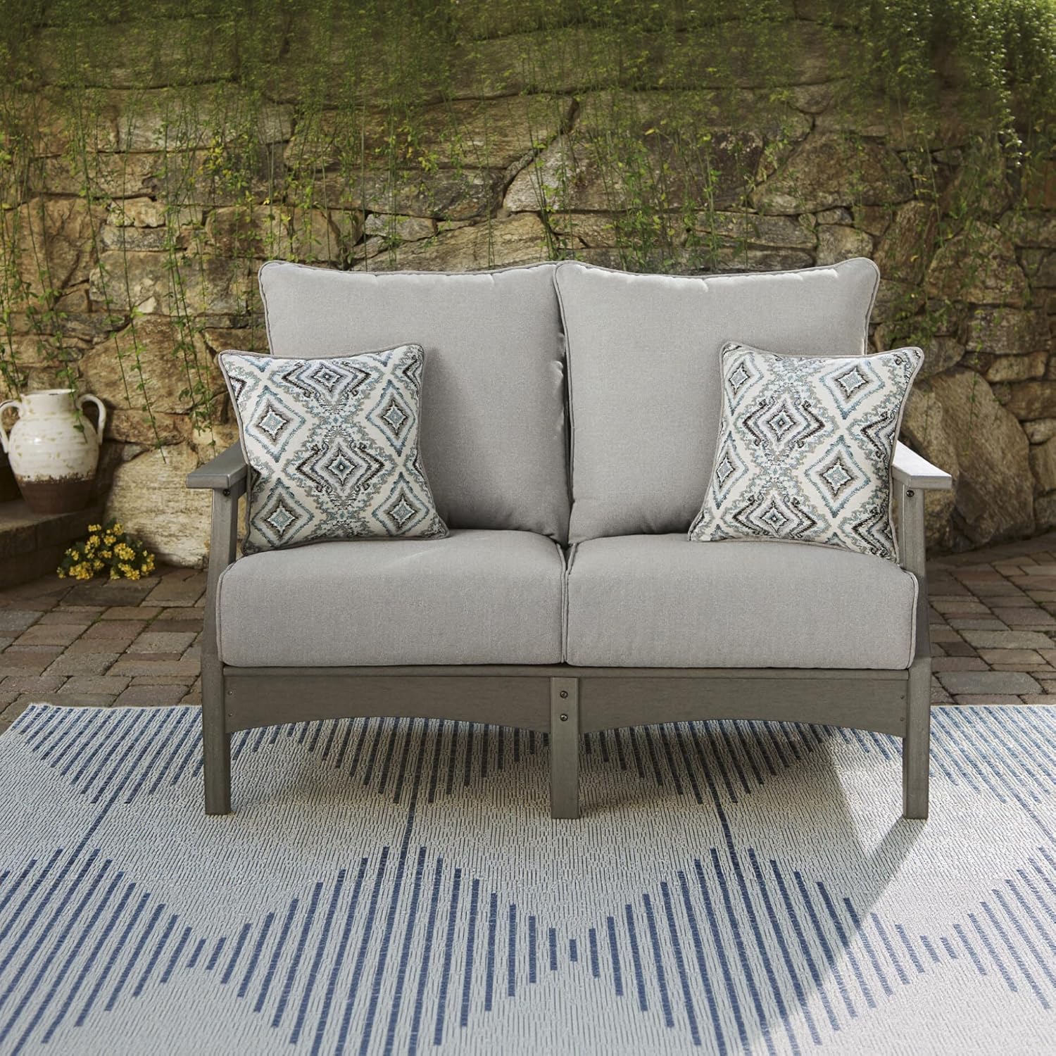 Signature Design by Ashley Outdoor Visola Patio HDPE Loveseat with Nuvella Throw Pillows, Gray