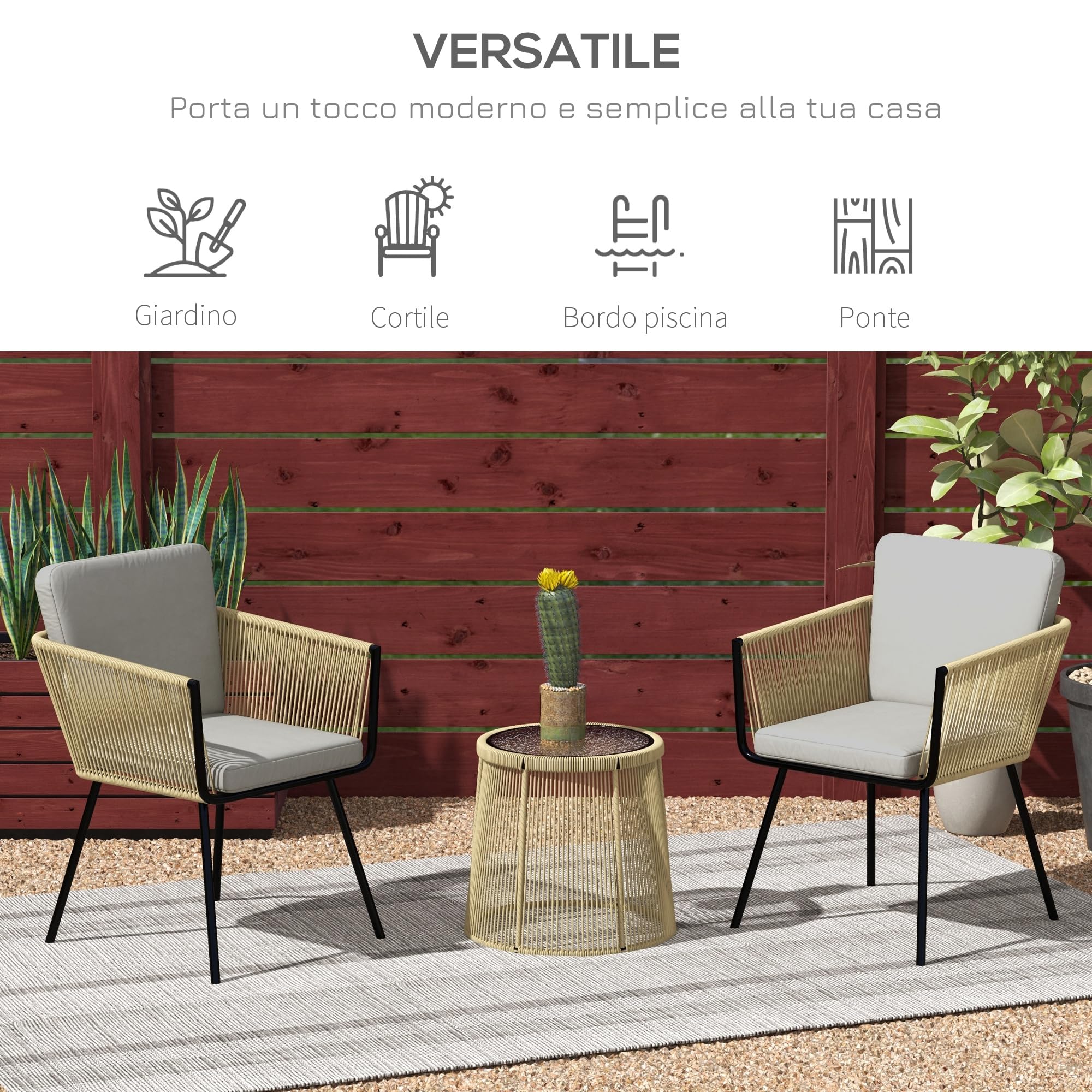 Outsunny Set da Giardino 3 Pezzi in Rattan PE e Acciaio, Set 2 Sedie con Cuscini Lavabili, Braccioli, Tavolino da Caffè con Piano in Vetro, Set di Mobili da Balcone Patio Cortile, Caffè/Grigio Chiaro