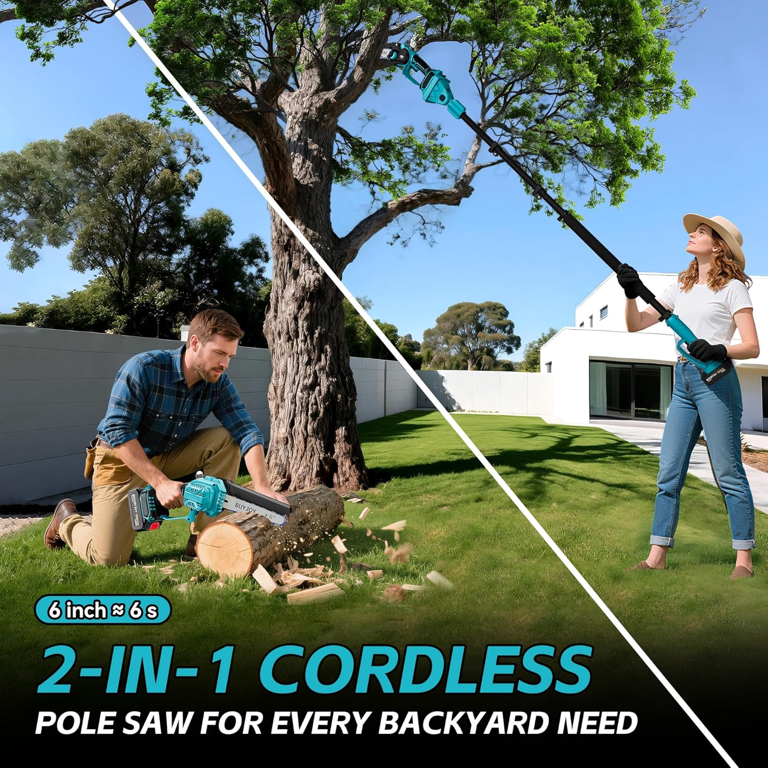 2-in-1 Electric Pole Saws for Tree Trimming, 6 Inch Mini Chainsaw Cordless with Extension Pole, 2 x 1300mAh Batteries,Battery Powered Pole Chain Saw, Tree Trimmer Limb Branch Cutter Pruner