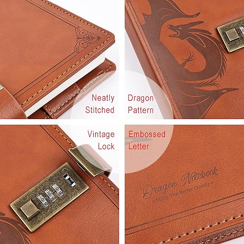 Vista 75 de Dragon - Diario de cuero, cuaderno de tapa dura, diario recargable con cerradura, diario de escritura en papel en línea/en blanco con cerradura