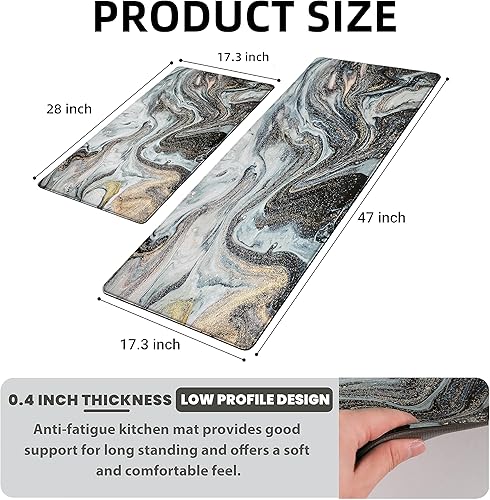 Miniatura 2 de Alfombrillas antifatiga de mármol negro y dorado para suelo de cocina, alfombras de cocina acolchadas y antideslizantes de 0.4 pulgadas, tapete de