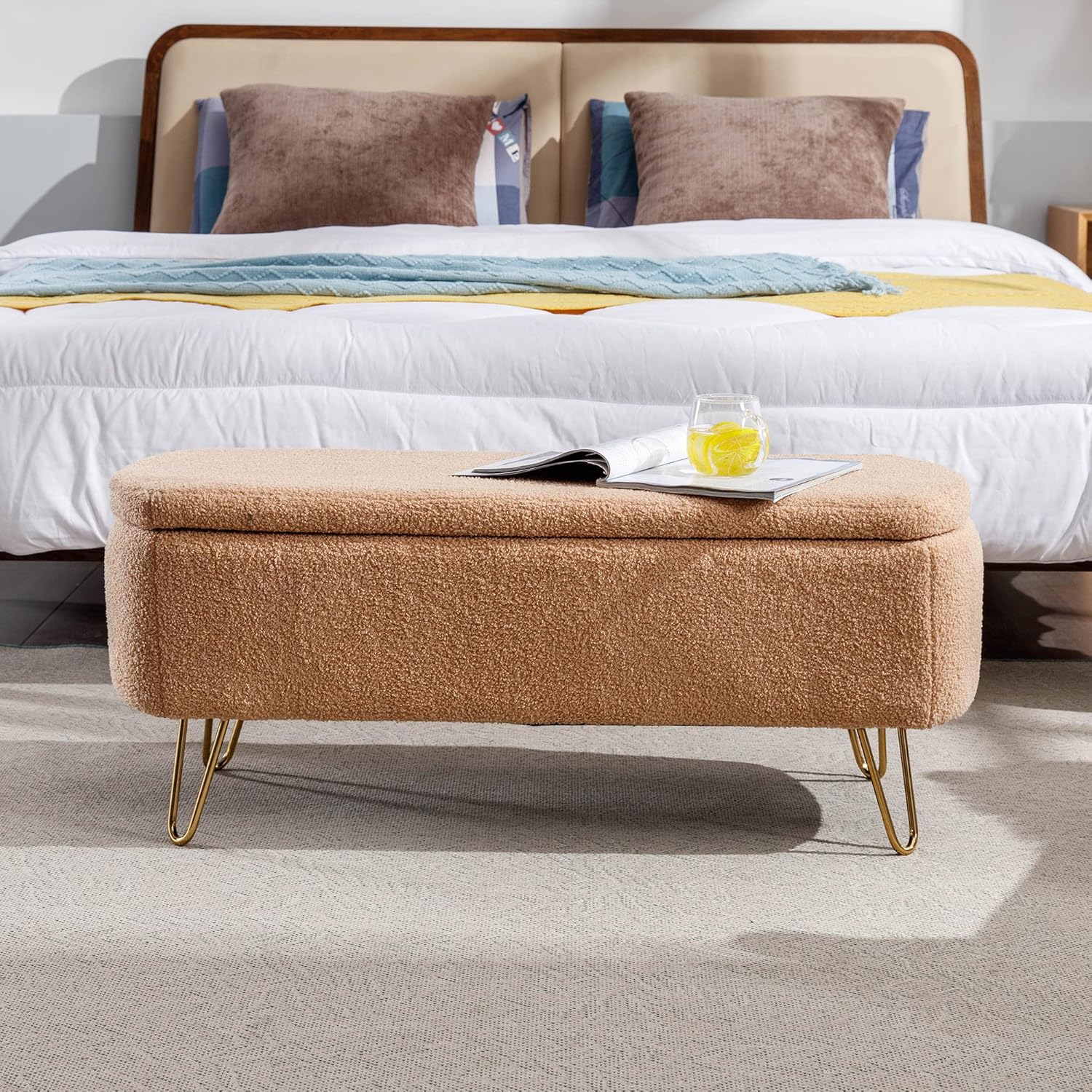 39.37" End of Bed Storage Ottoman Bench with Gold Legs,Modern Faux Fur Entryway Footrest Upholstered Padded w/Safety Hinge,Stool for Living Room Bedroom,Camel
