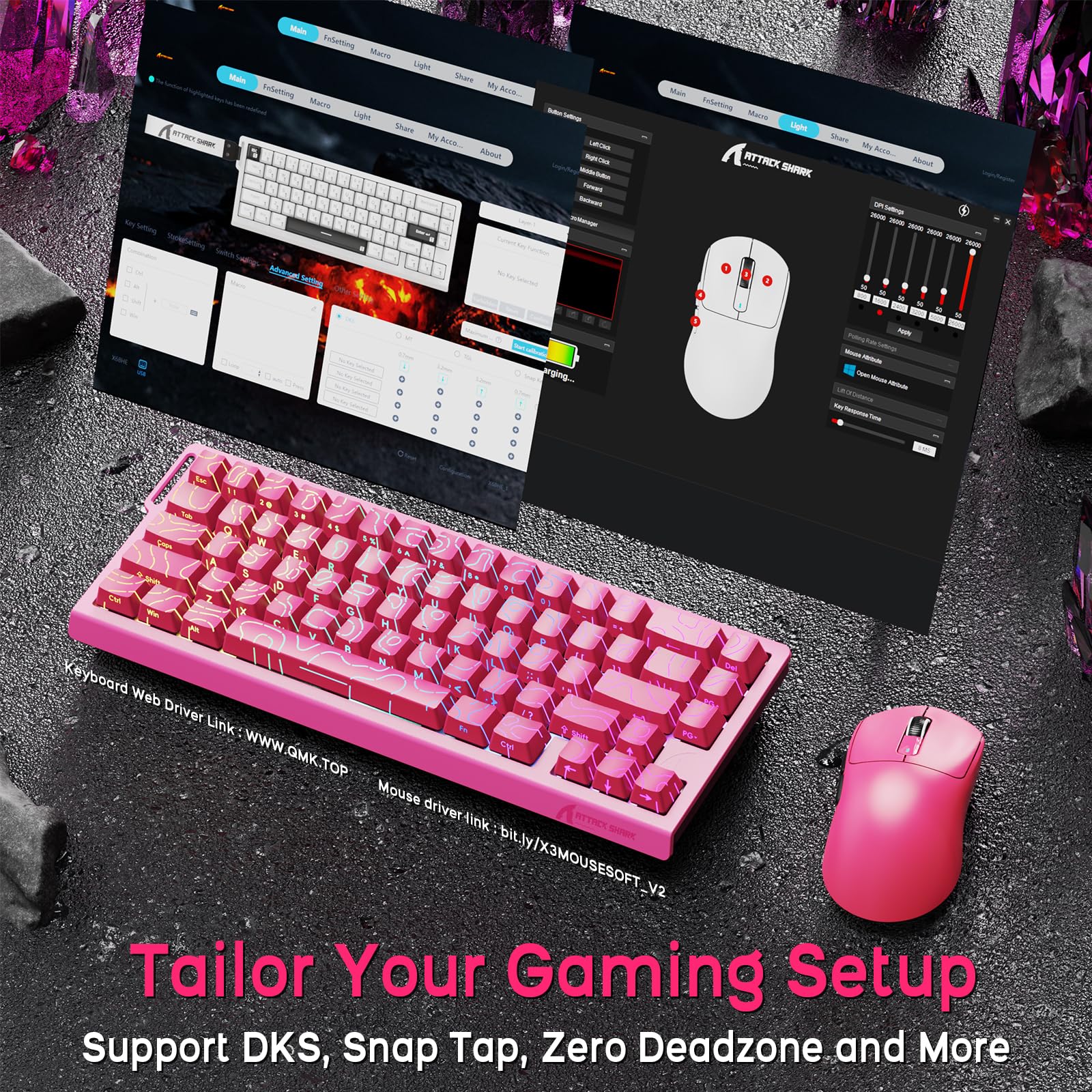 ATTACK SHARK X68 HE Teclado Magnético con Cable con X3 Ratón Gaming Inalámbrico Combo, Teclado de Activación Rápida 8KHz, Precisión RT 0.01mm, Ratón SUPERLIGERO, PAW3395, 26000 dpi - Contornos Rosas