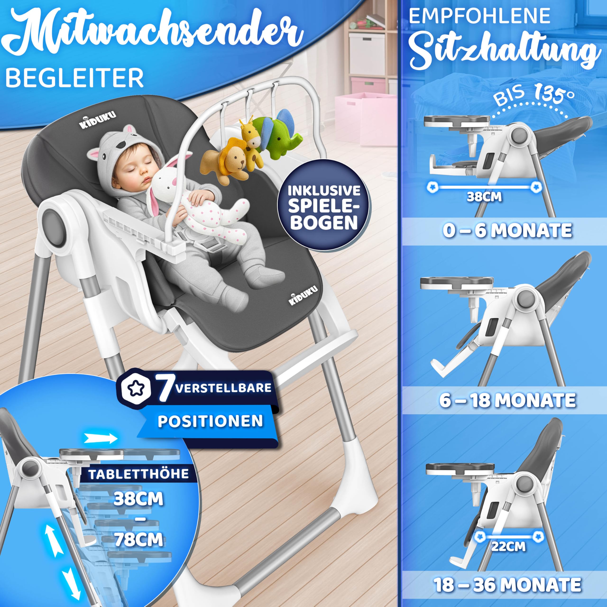 KIDUKU® Hochstuhl Baby 3in1 mit Neugeborenenaufsatz + Lätzchen, Aktivitätsbogen & Tisch | Kinderhochstuhl klappbar mit Liegefunktion | Kombihochstuhl höhenverstellbar | mitwachsend 0-36 Monate