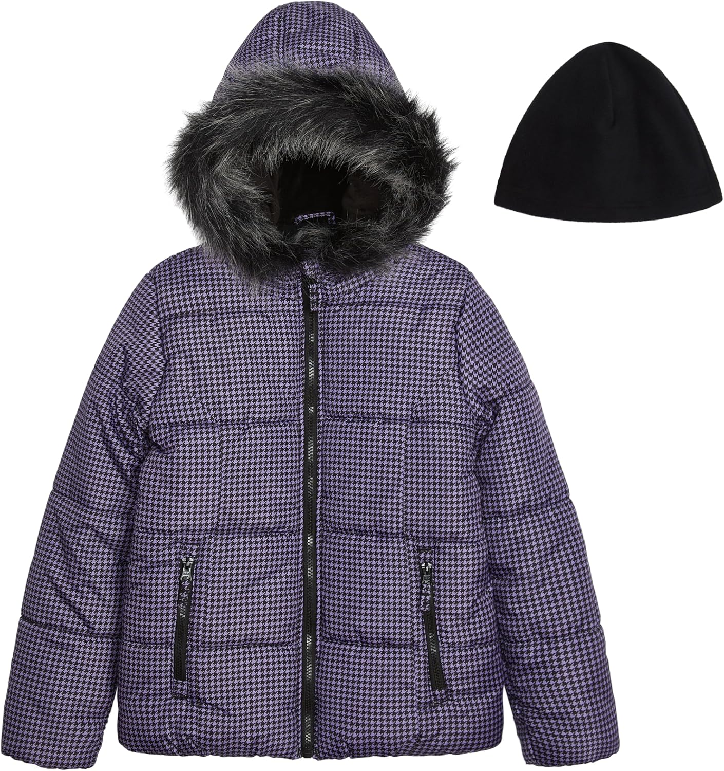 LONDON FOG Baby Girls' Heavyweight Puffer Jacket With Faux Fur Hood and Matching Beanie