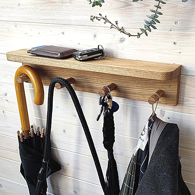 Coat Rack with Shelf from Solid Oak with 4 Pegs - Wooden Wall Hooks for Hanging Towels, Kids Accessories Storage
