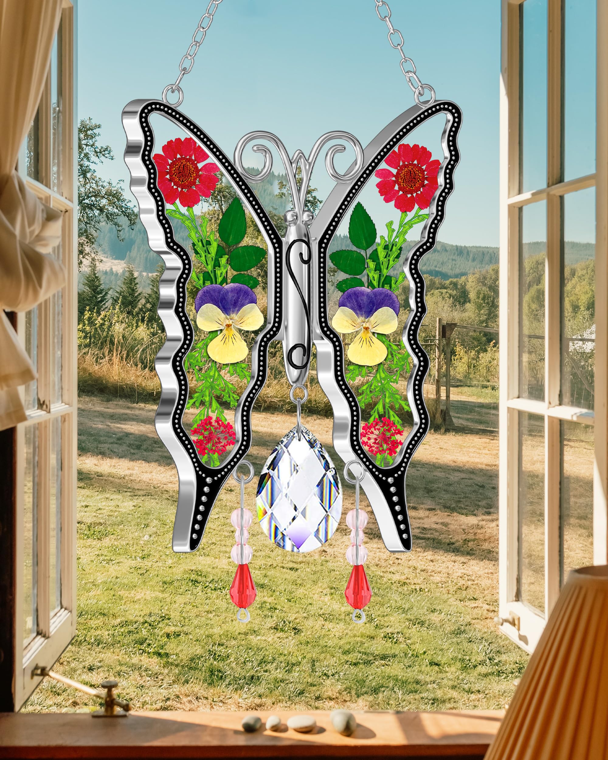 KY&BOSAM Atrapasueños de Mariposa, Regalo de Cristal para el día de la Madre, Regalo para mamá, atrapasueños de vidrieras, Adorno Colgante de Campanilla de Viento para Ventana, Regalo de mamá, día de