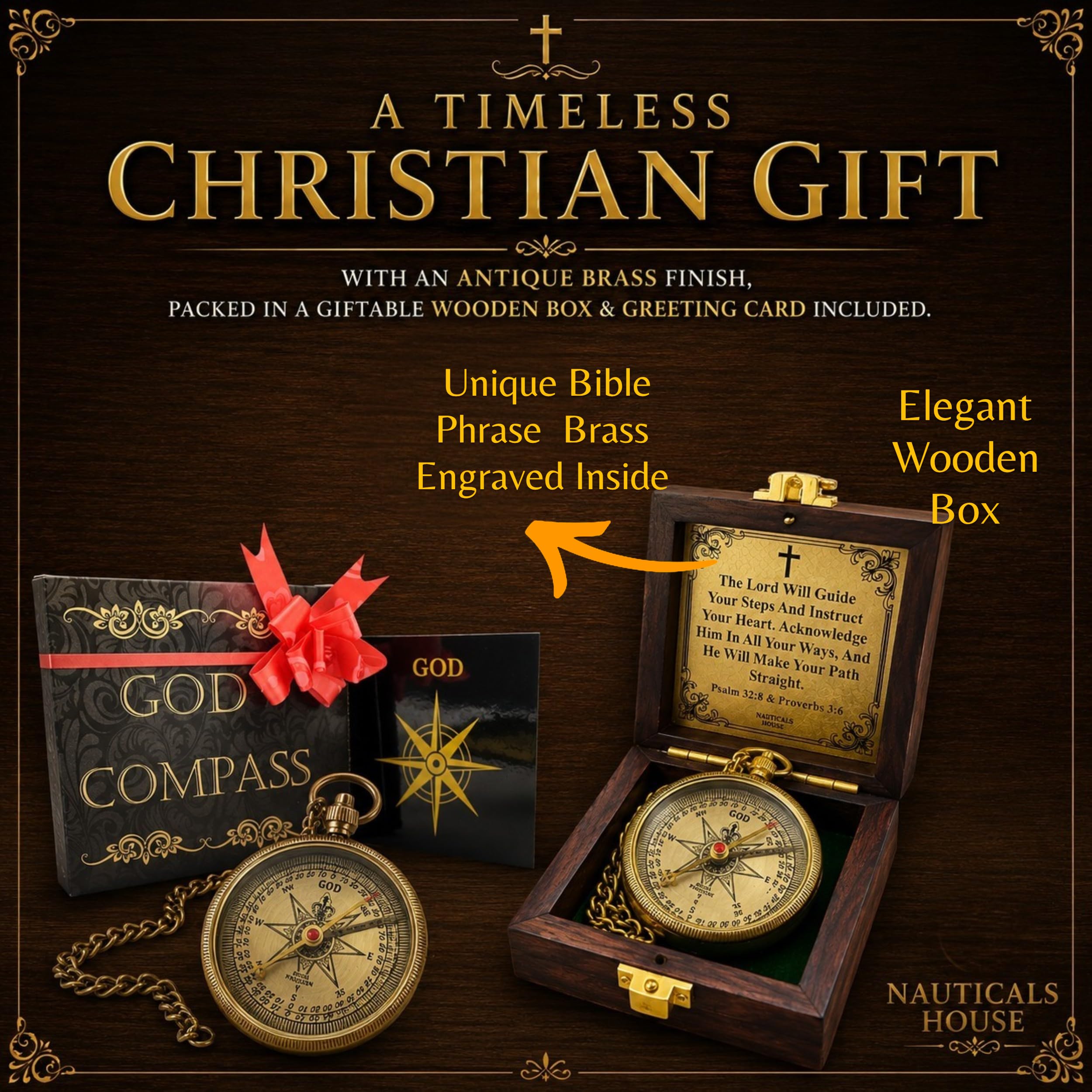 Brújula de Dios – Brújula de latón grabada con funda de cuero, regalo religioso cristiano inspirador (Salmo 32:8), perfecto para graduación, bautizo, confirmación, hombres y mujeres