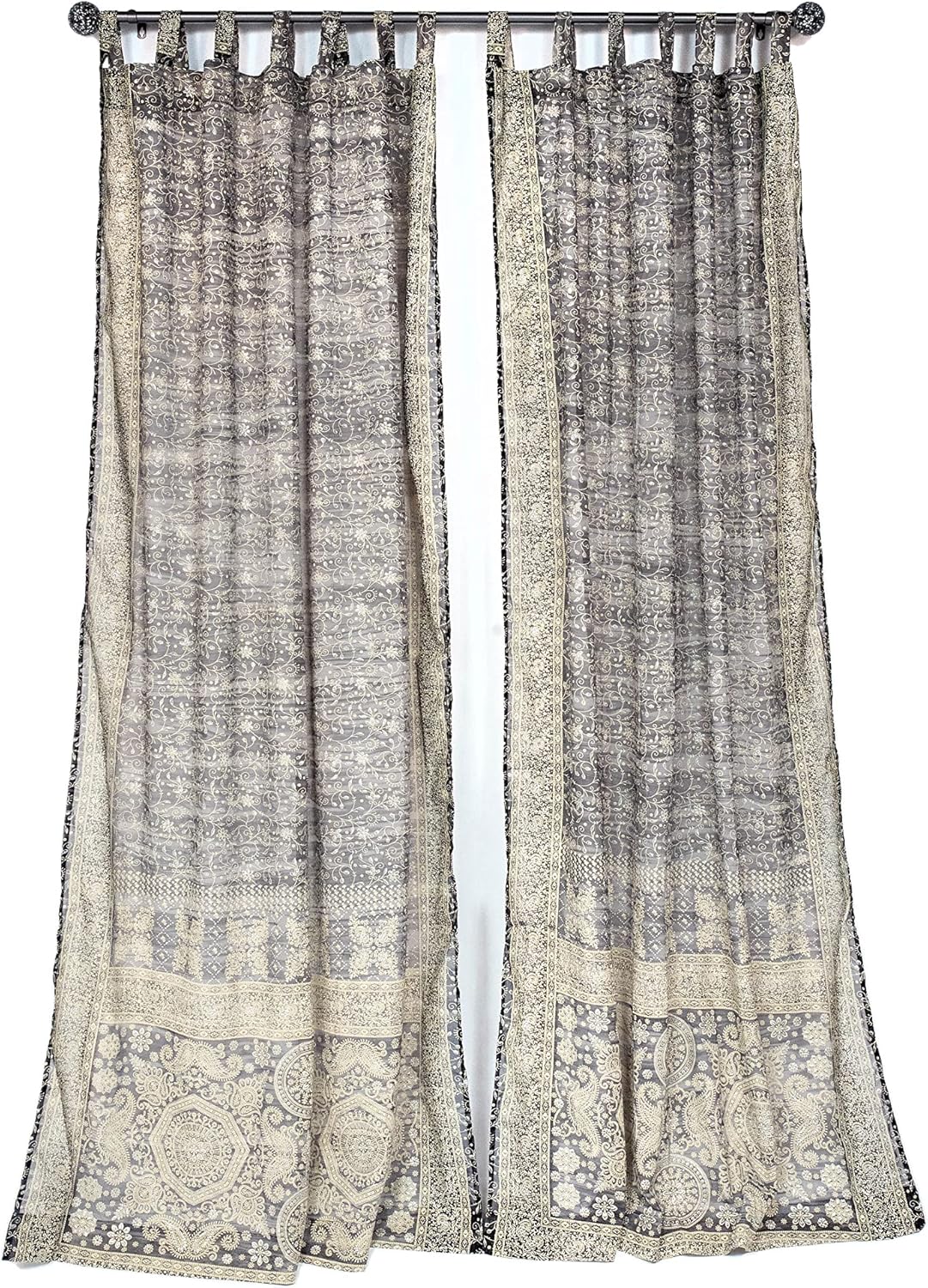 Light-Filtering Sari Colorful Curtains  Boho Curtains, Bed Canopy Panel, Tapestry or Window Treatment Brilliant Chakra Collection + Tote bag (84"L x 42"W Set of 2, Gray Black)