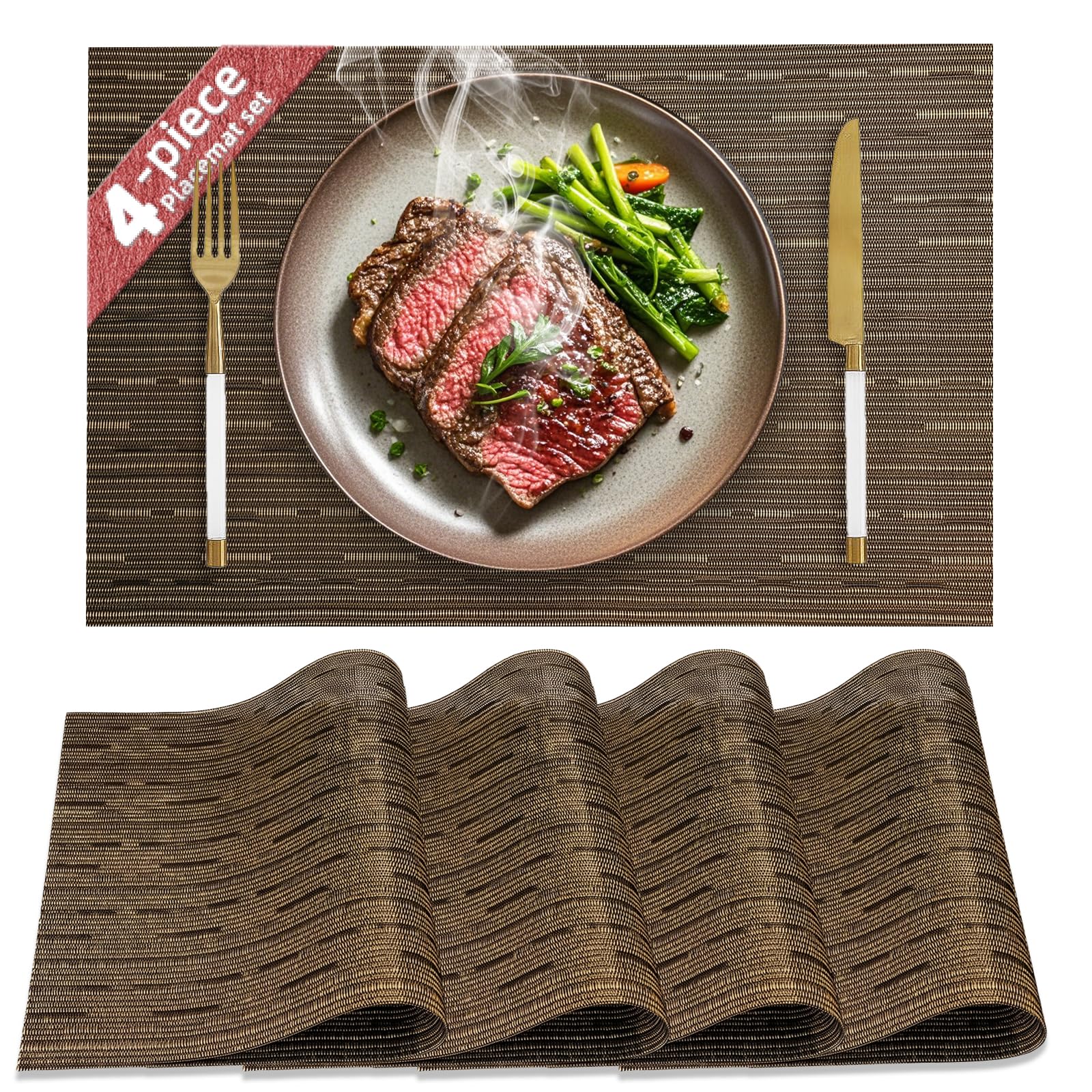 HELI MIAO Table Mats Set of 4, PVC Place Mats Washable Non-Slip & Heat Resistant, Wipe-Clean Woven Placemats for Kitchen Dining Table Hotel, 17"X12" – Black + Gold — image 1