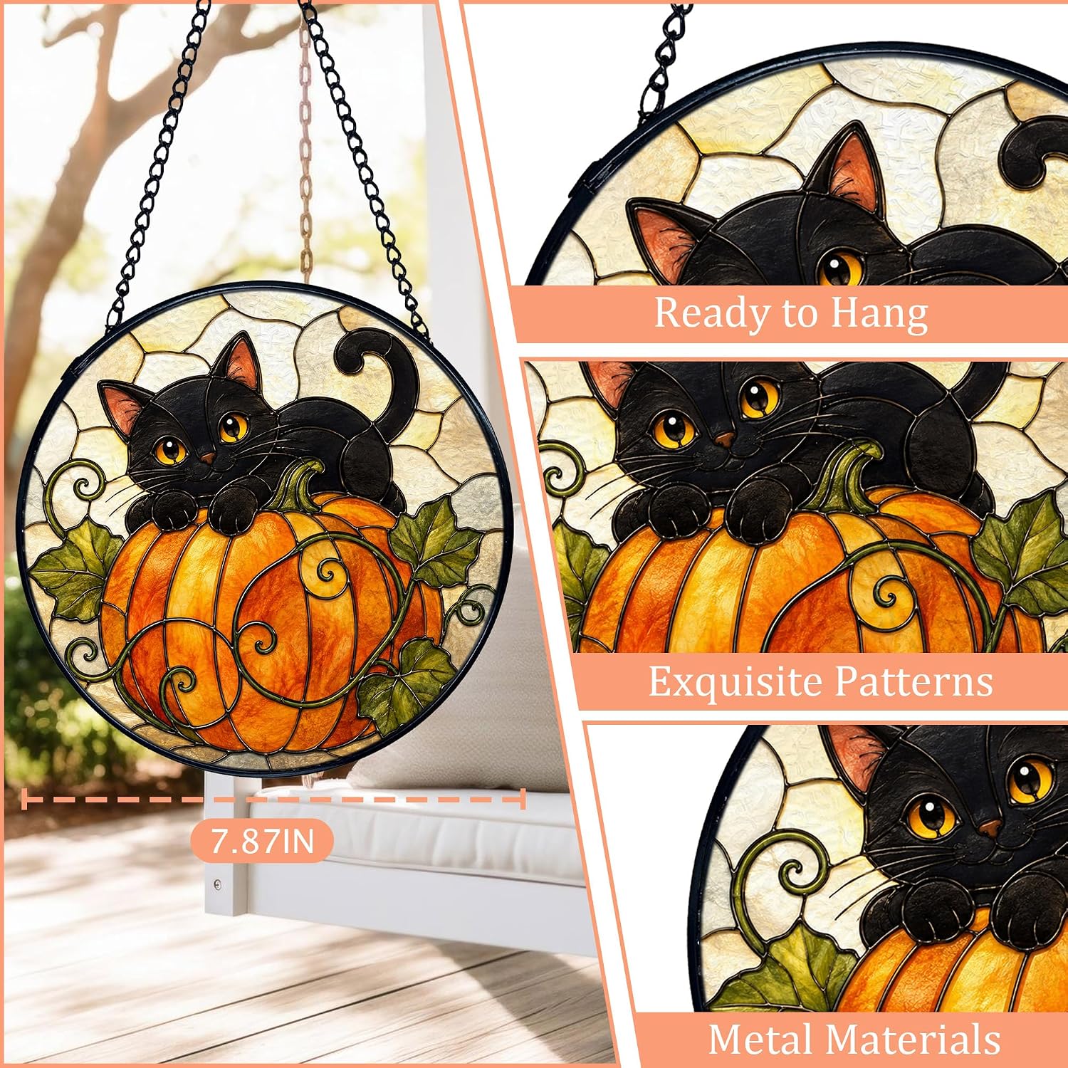 Black Cat Pumpkin Stained Glass, Fall Suncatcher 7.8x7.8in | Rustic Autumn Black Cat Pumpkin Stained Glass Window Hanging Round Wall Art, Cottagecore Autumn Round Wall Decorations