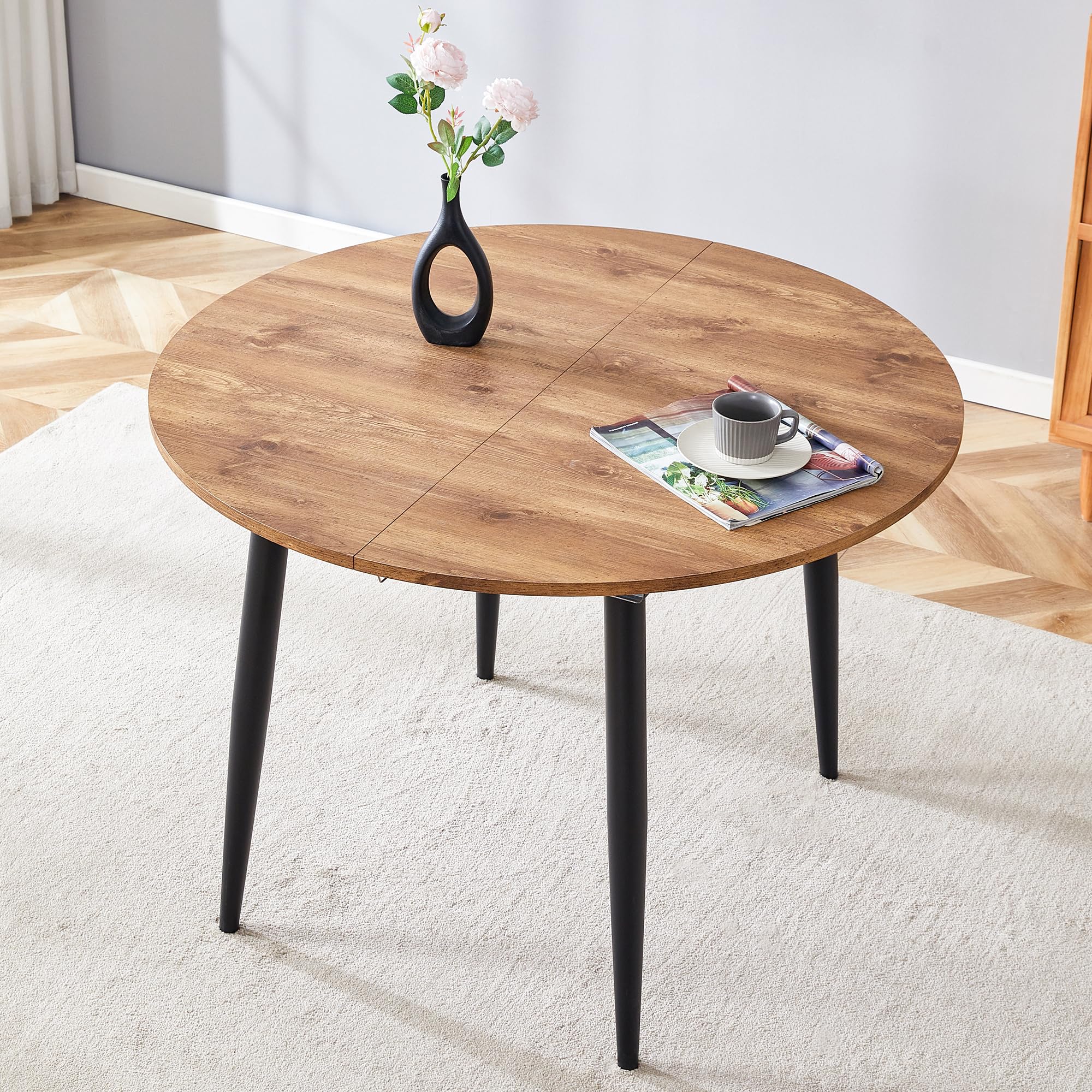 Extendable Dining Table for 4 to 6 People, 42" Round to 54" Oval with Metal Legs, Space-Saving Kitchen Table for Small S