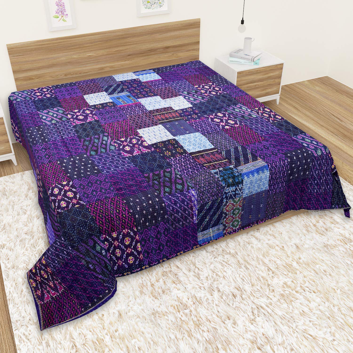Marubhumi Indische handgefertigte Steppdecke, Überwurf Bett, Überdecke, indische Seide, Sari, Kantha, gesteppt, Patchwork, Blau, Doppelbett (152,4 x 