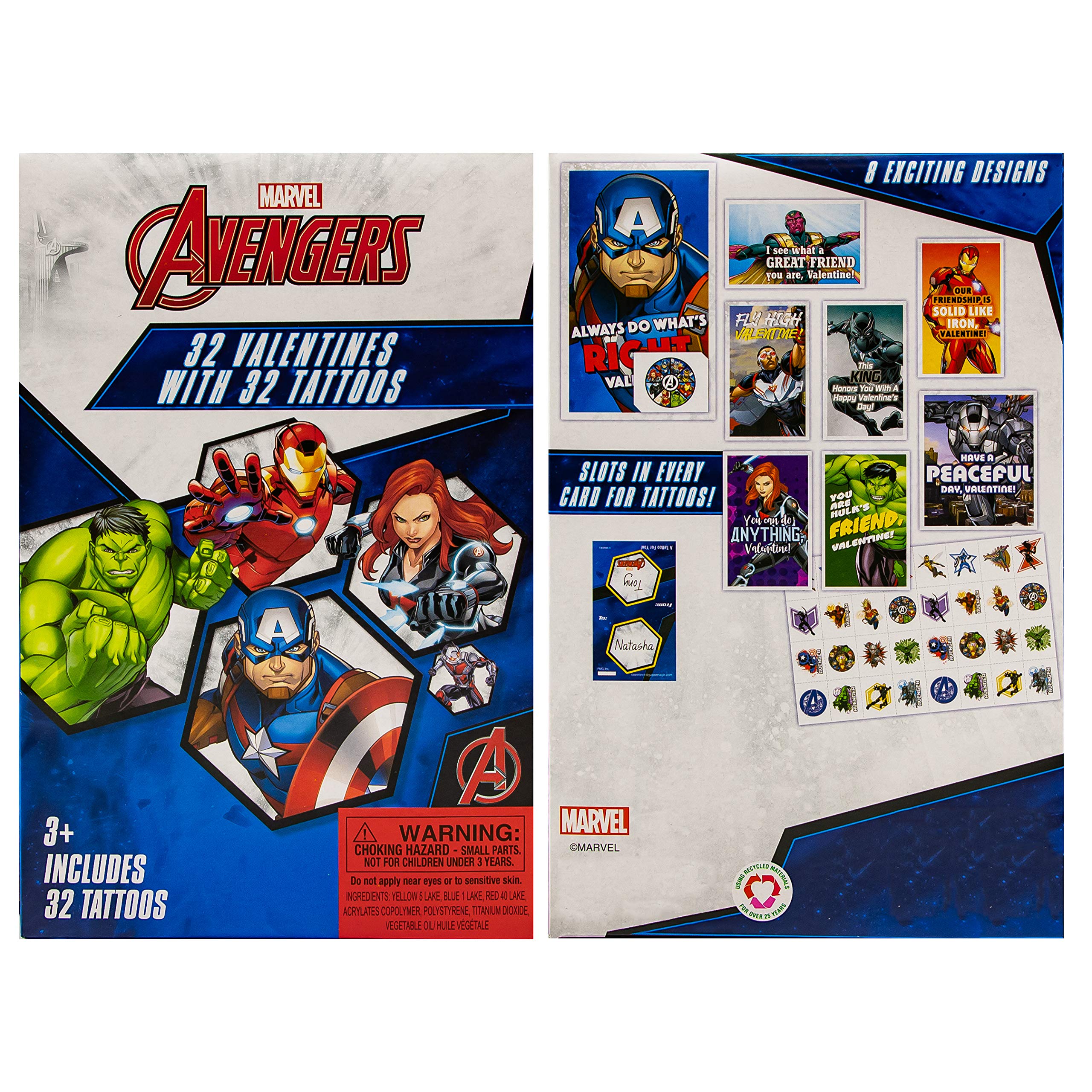 International Greetings 32 Count School Valentines Day Illustrated Cards with Matching Stickers or Tattoos (Avengers)