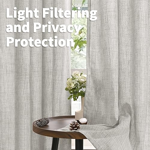 Miniatura 2 de YoungsTex Cortinas de lino de 63 pulgadas de largo para sala de estar corta, cortinas de lino gris claro con ojales de bronce, cortinas de ventana