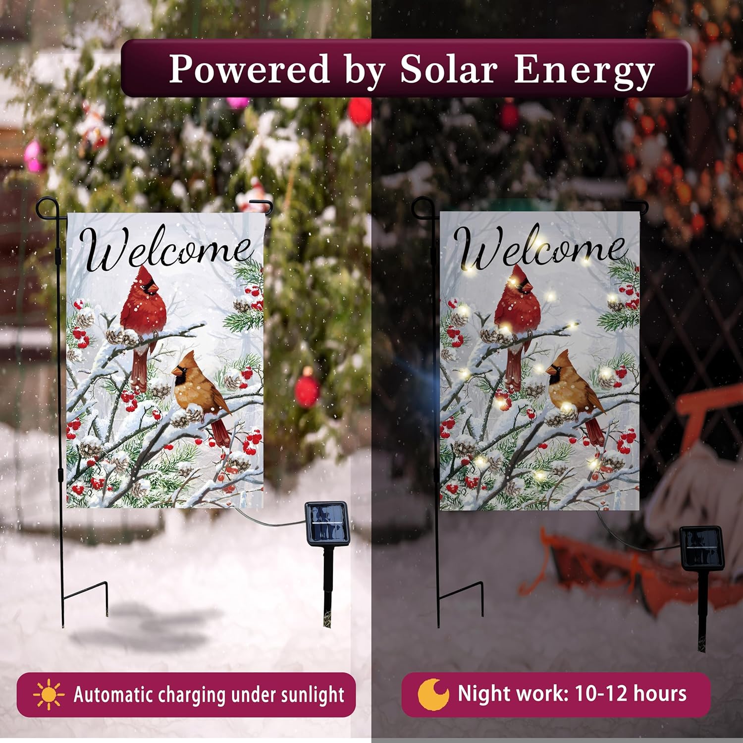 Welcome Cardinal Lighted Garden Flag Winter Double-Sided Solar LED 8 Lighting Modes with 16 Lights Winter Patio Home and Outdoor Decor Christmas Decoration Outdoor Lawn Porch Decoration(Cardinal) - Image 3