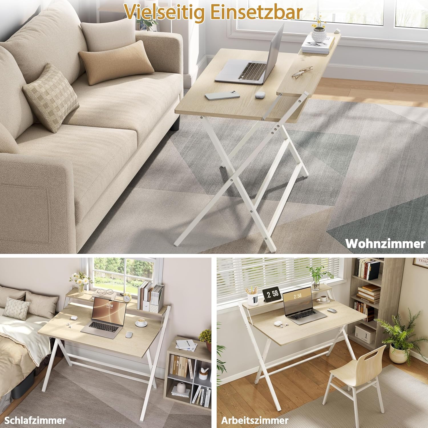 Collage of images showing the desk in different settings: a living room, a bedroom, and a dedicated study room.