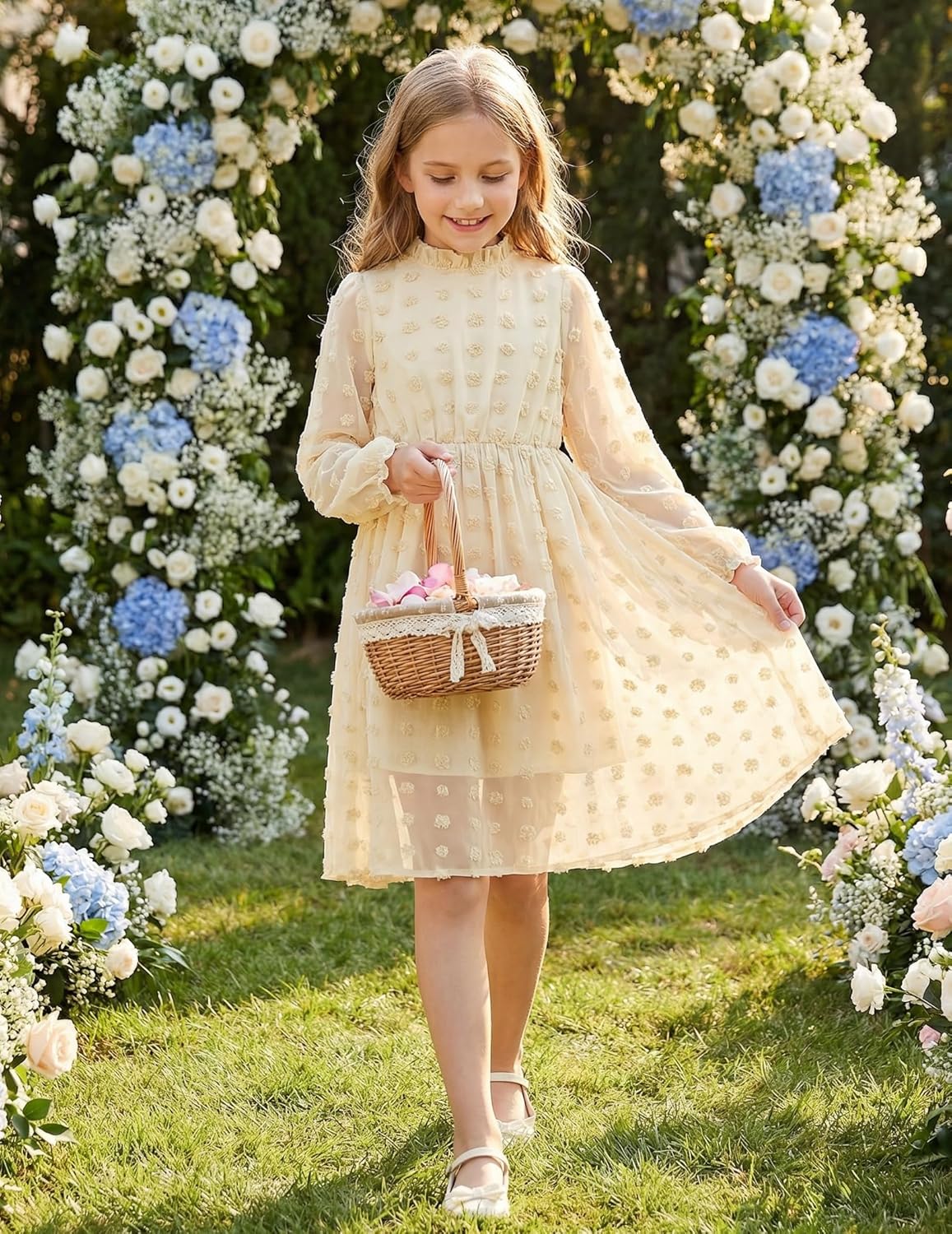 Arshiner Girls Dress Long Sleeve Swiss Dot Ruffle Collar Flowy A-Line Party Dress for Kids 5-13Y - Image 3