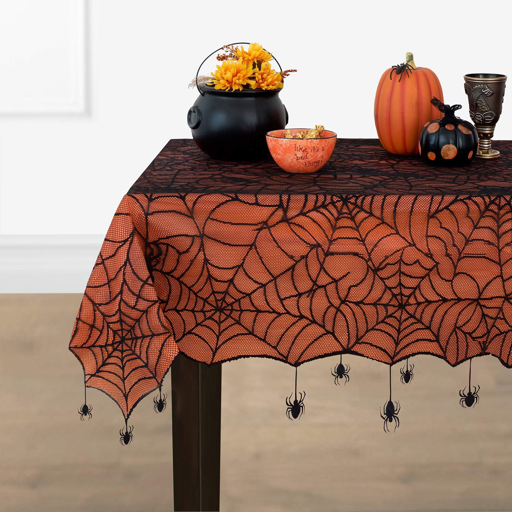 Elrene Home Fashions Crawling Spider Halloween Tablecloth Lace Lined with Removable Orange Plastic Liner, 60" x 84" Rectangle, Orange & Black