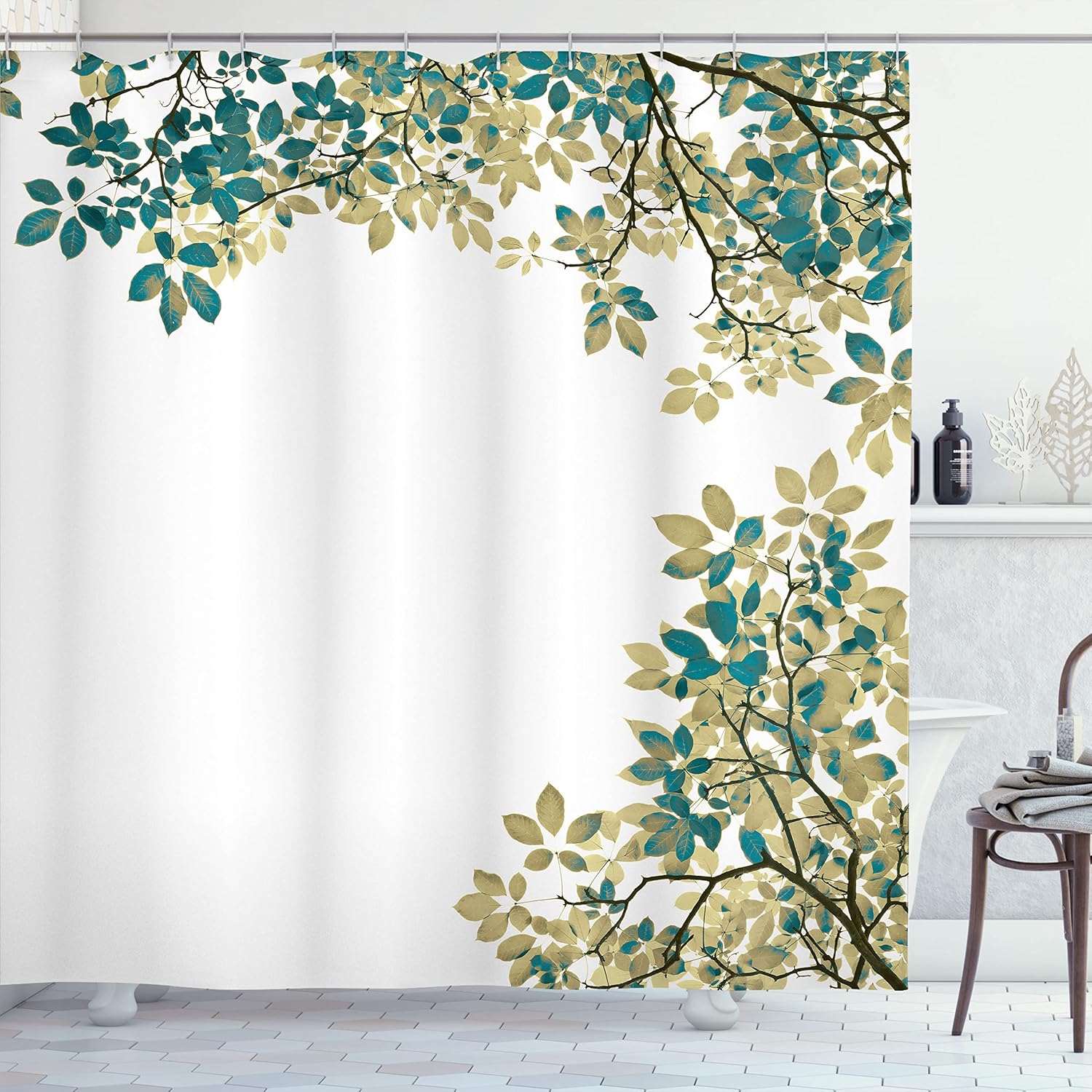 Ambesonne Leaves Shower Curtain, Broad Leaves Close-up Background Garden Foliage Leaf Ornate Spring Summer Vibe, Cloth Fabric Bathroom Decor Set with Hooks, 69" W x 84" L, Dark Teal