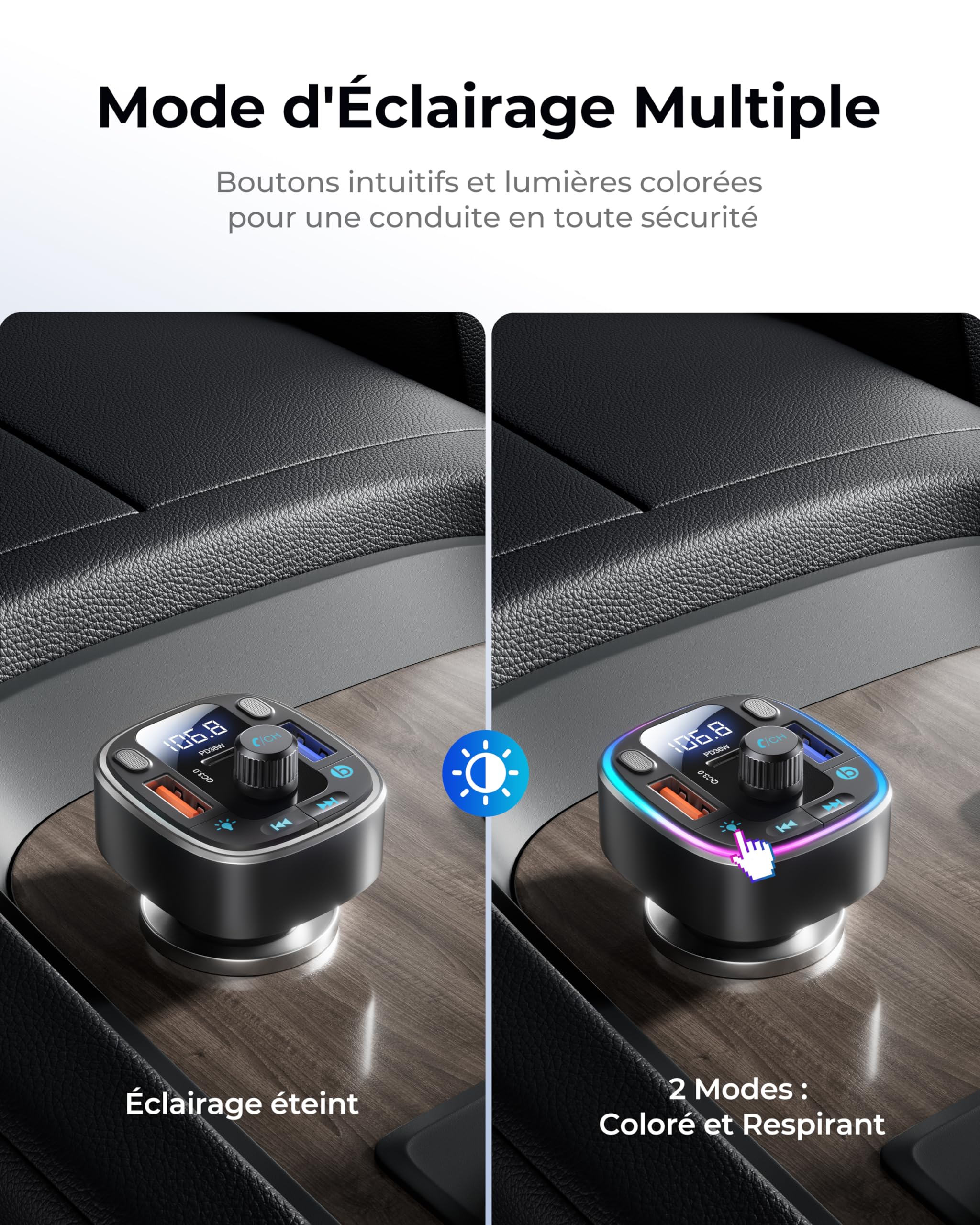 LENCENT Transmetteur FM Voiture Bluetooth 5,4 et 54 W, Adaptateur Bluetooth, Double Ports USB, Charge Rapide (PD 36 W & QC3,0), Adaptateur de Musique, Appel Mains Libres, Double Microphone et clé USB