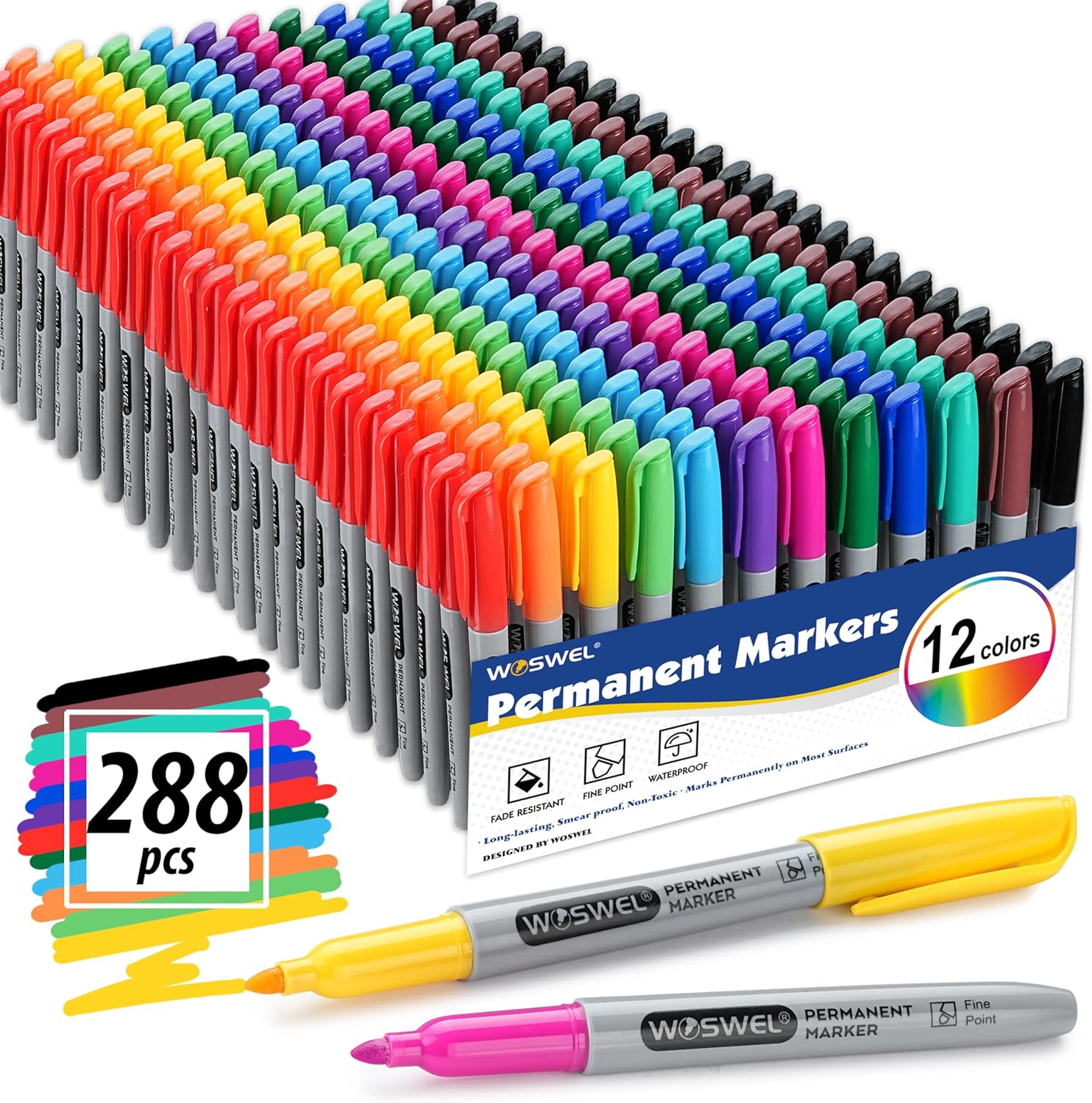 Permanent Markers Bulk, 288 Pack Permanent Marker Set, 12 Assorted Colors, Fine Point Tip, Fast Dry, Waterproof, work on Plastic, Glass, Metal, Wood and Stone, Perfect for School, Office, Home