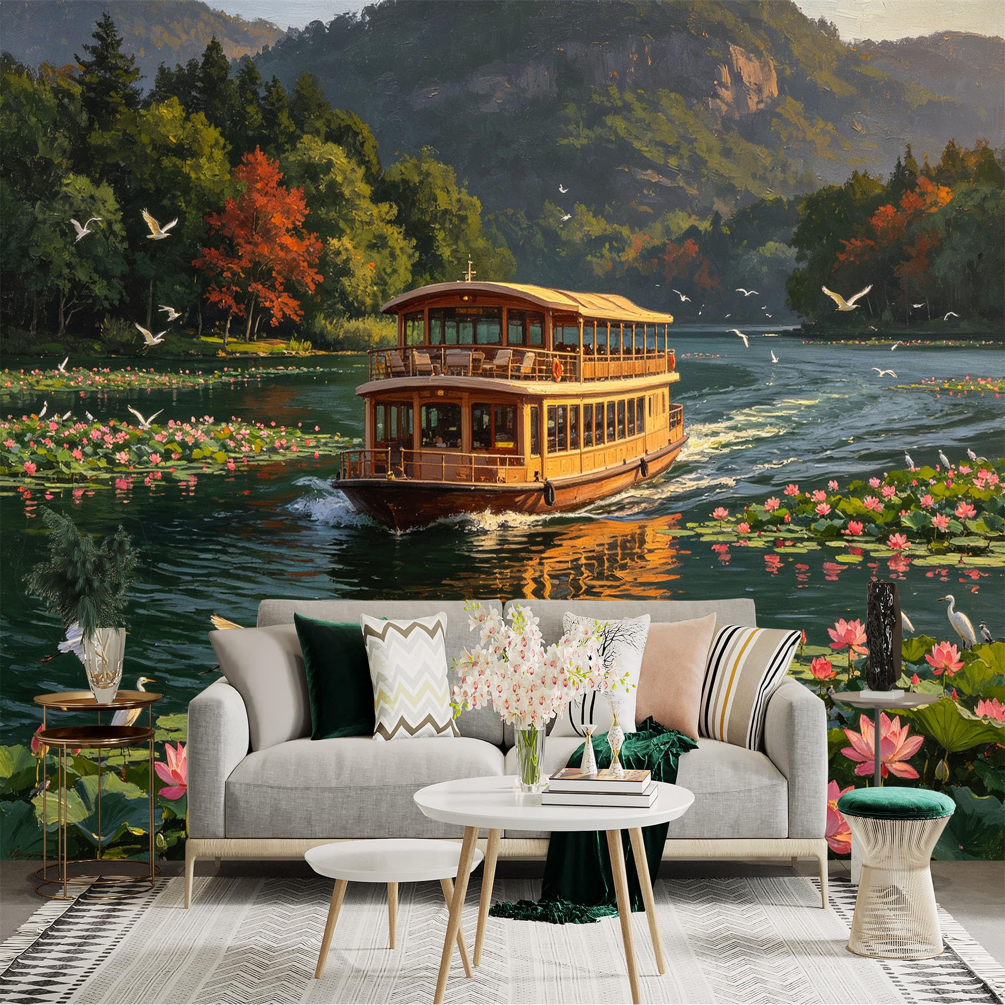 Custom Size Wall Sticker Mural， Cruise Ship on River， Blooming Pink Lotus Flowers， Flying White Egrets， Lush Green Hills， for wall Decoration， peelandstick wall Decals.