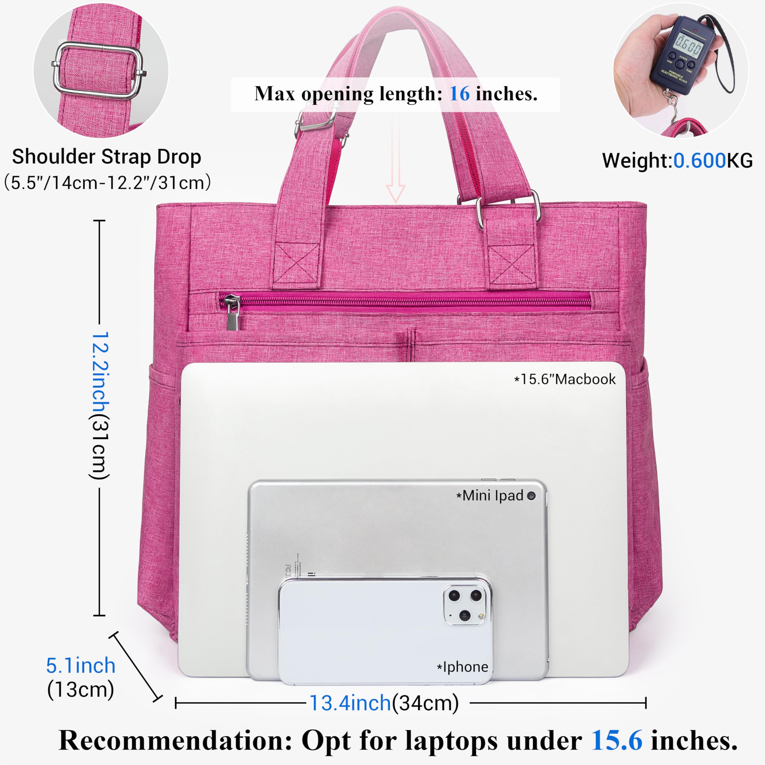 VOLGANIK ROCK Canvas Tote Bag Waterproof Nylon Multi Pocket Shoulder Bags Laptop Work Bag Teacher Purse Handbag for Women Men: Pink 2