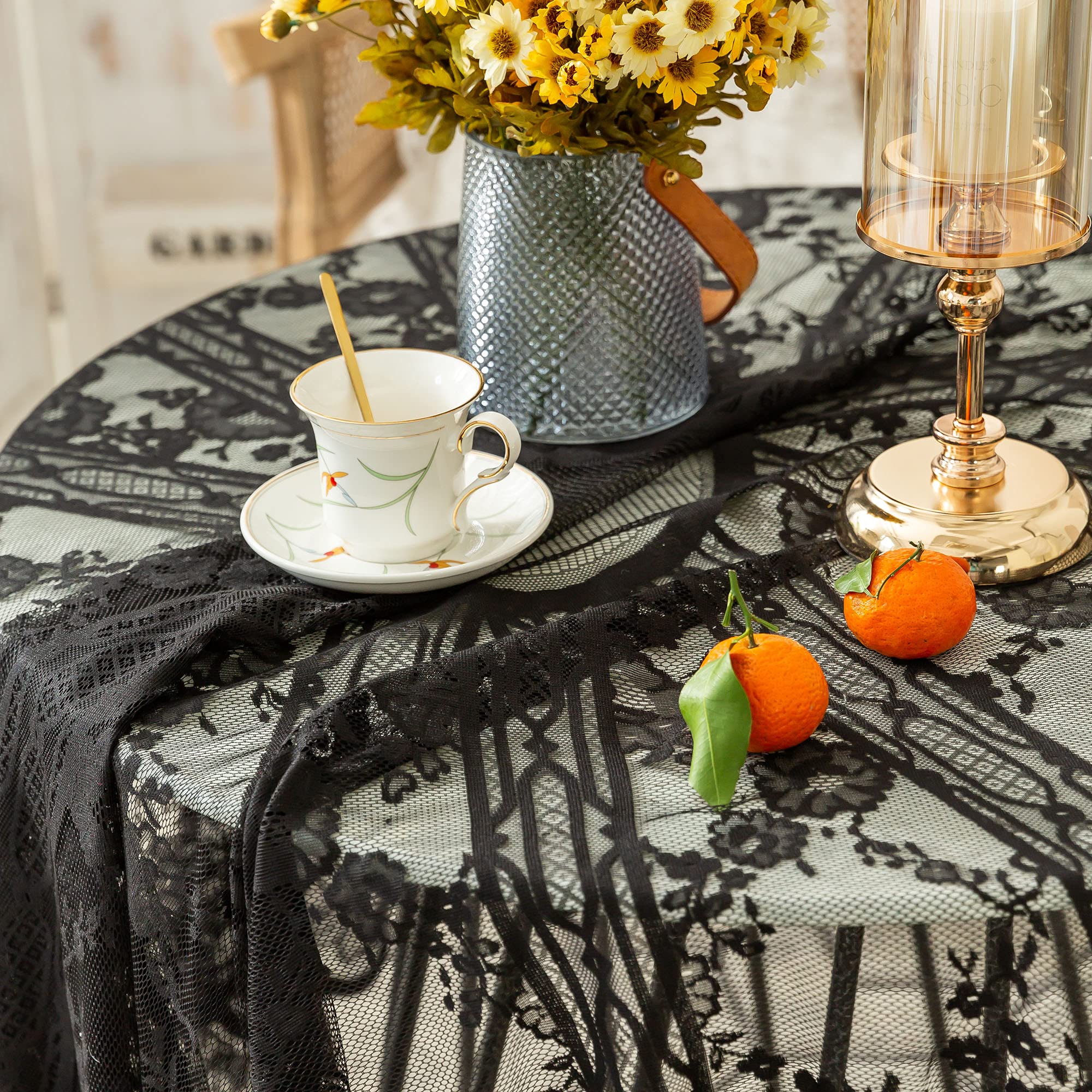 Amazon｜黒レーステーブルクロス エレガントな花柄 透明 円形レース