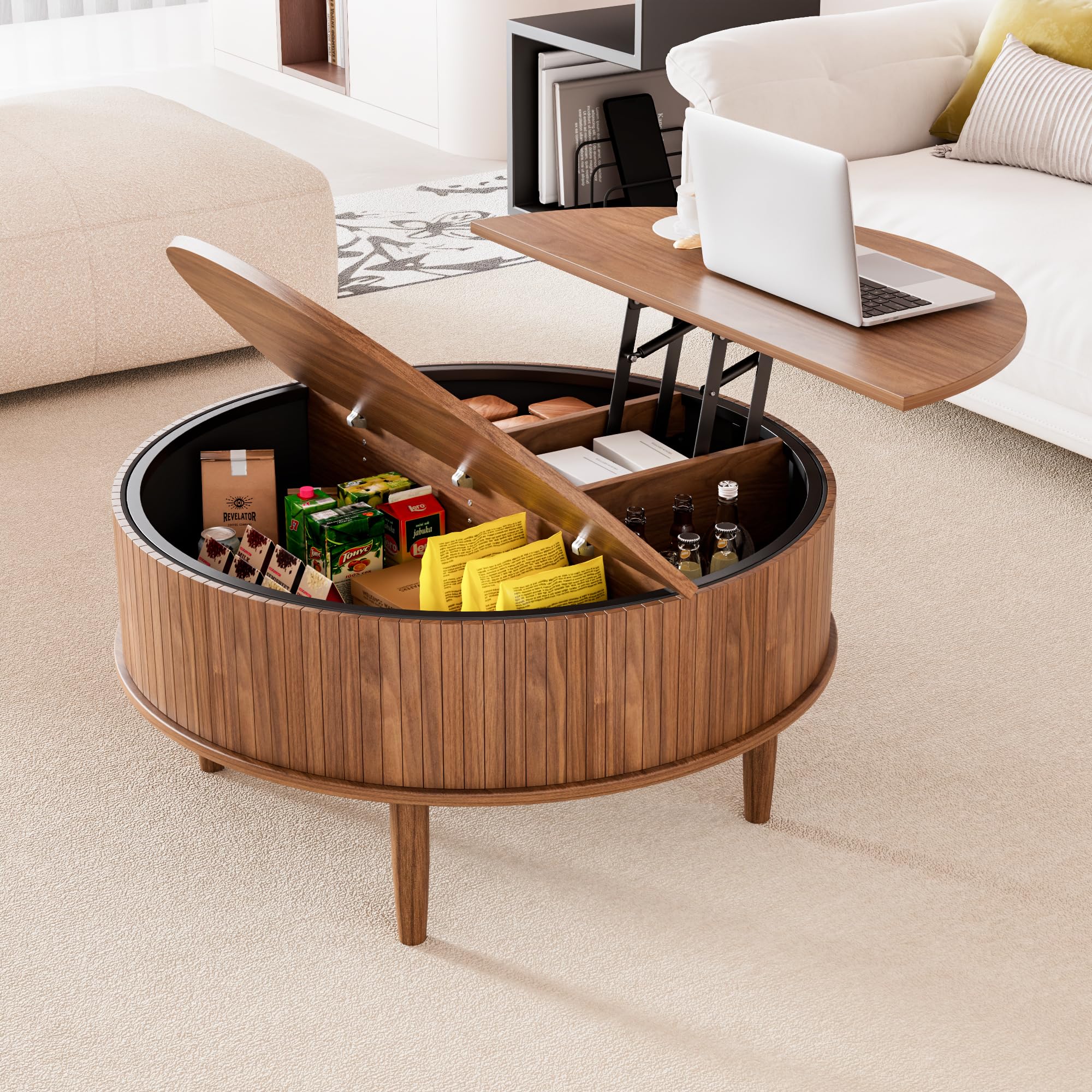 Amazon.com: Round Fluted Lift Top Coffee Table with Storage, Mid