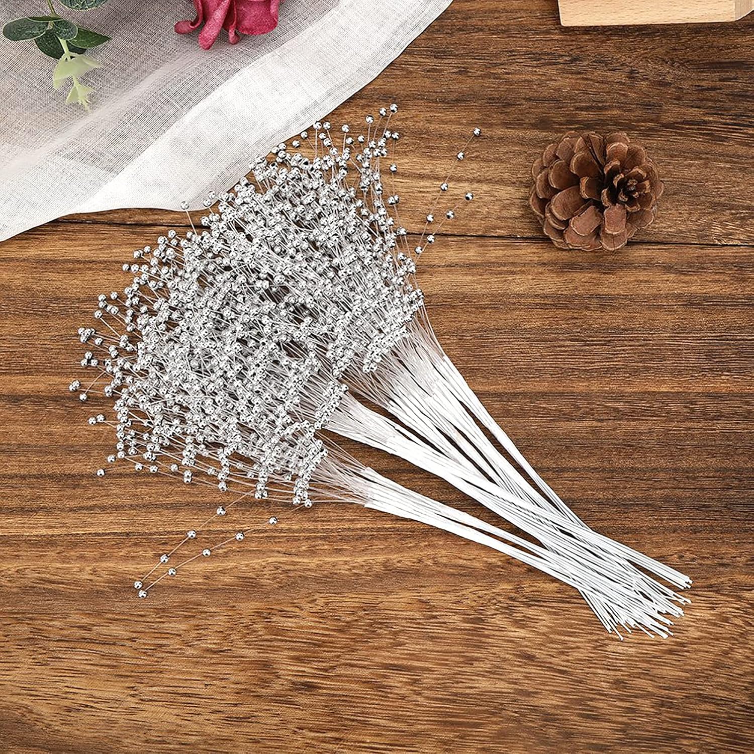 フラワーペップ フラワービーズ 花芯 ペップ 装飾用品 100本 結婚式(銀)