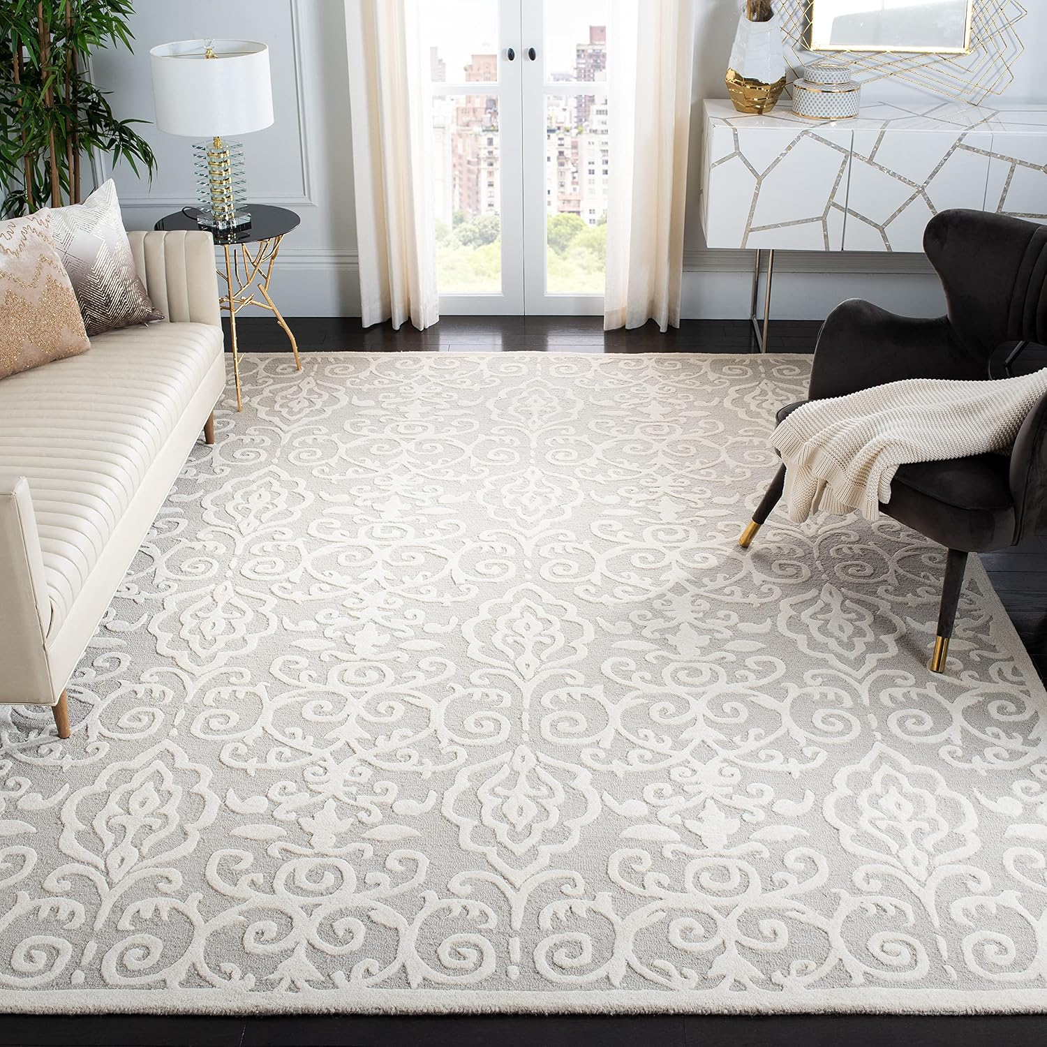Martha Stewart x SAFAVIEH Area Rug Collection - 7' Square, Whetstone Grey, Handmade Wool, Marais Scroll Design, Ideal for Living Room, Bedroom, Office, Dining Space (MSR4324A)