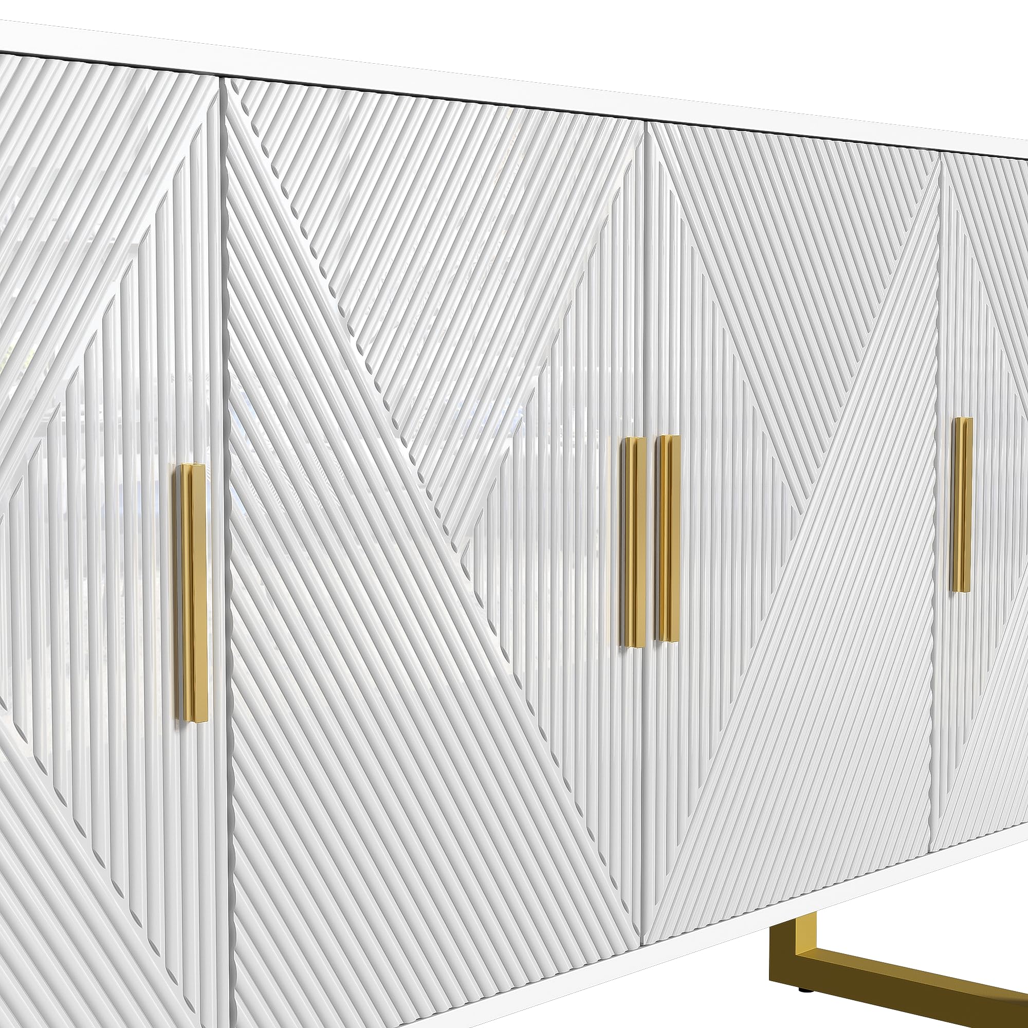 Commode buffet avec beaucoup d'espace de rangement, armoire avec portes texturées brillantes et poignées dorées, armoire à tiroirs pour salon, 150 x 40 x 82 cm, blanc
