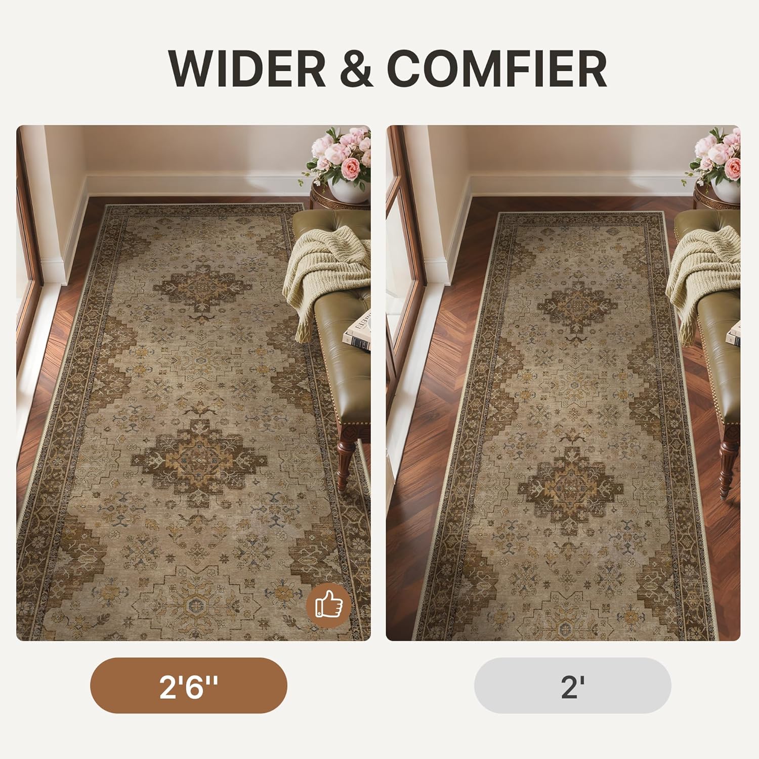 GENIMO 2'6''x6 Runner Rug,Machine Washable Non-Slip Vintage Rugs,Low Pile Lightweight Carpet for Bedroom,Hallway,Entryway,Kitchen,Bathroom,Brown