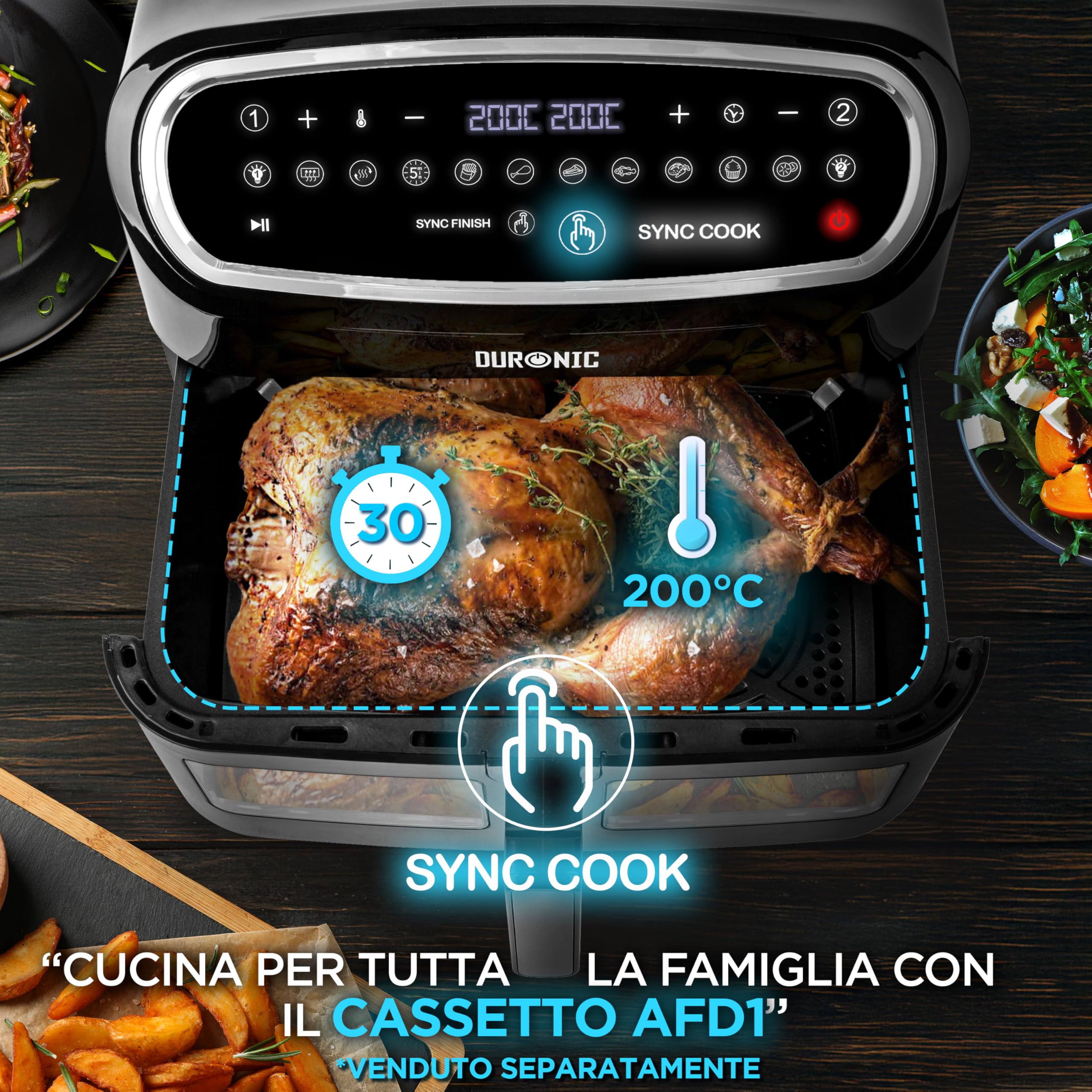 Duronic AF34 BK Friggitrice ad Aria XXL, Air Fryer 2400W, Fornetto elettrico 2 cestelli e 1 cestello grande, Friggitrice senza olio, Friggitrice ad aria calda, Cottura sincronizzata, Pollo, patate