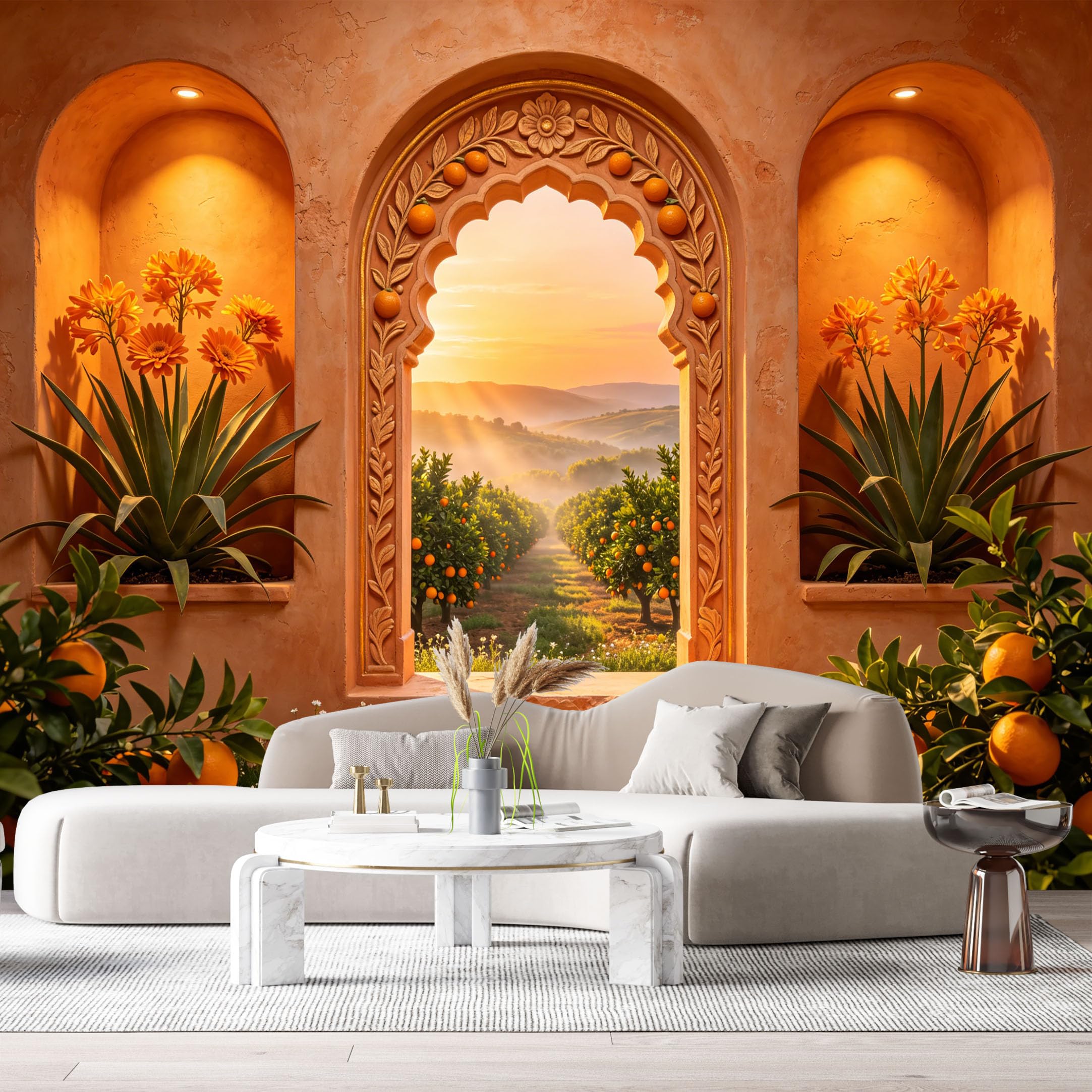 Custom Size Wall Murals Tuscan Orchard Sunset 3D Trompe L'Oeil Mediterranean Archway Botanical Orange Trees SelfAdhesive Wall Fabric Removable Large Wallpaper for Photo Living Room