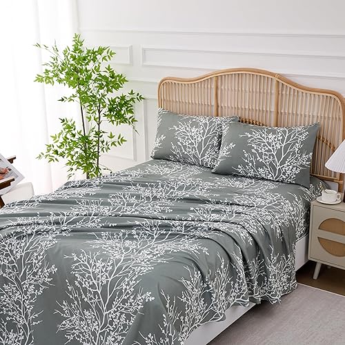 Spirit Linen Home - Juego de sábanas de 4 piezas Foliage de larga duración 1800 ropa de cama de microfibra suave con sábana bajera ajustable 2