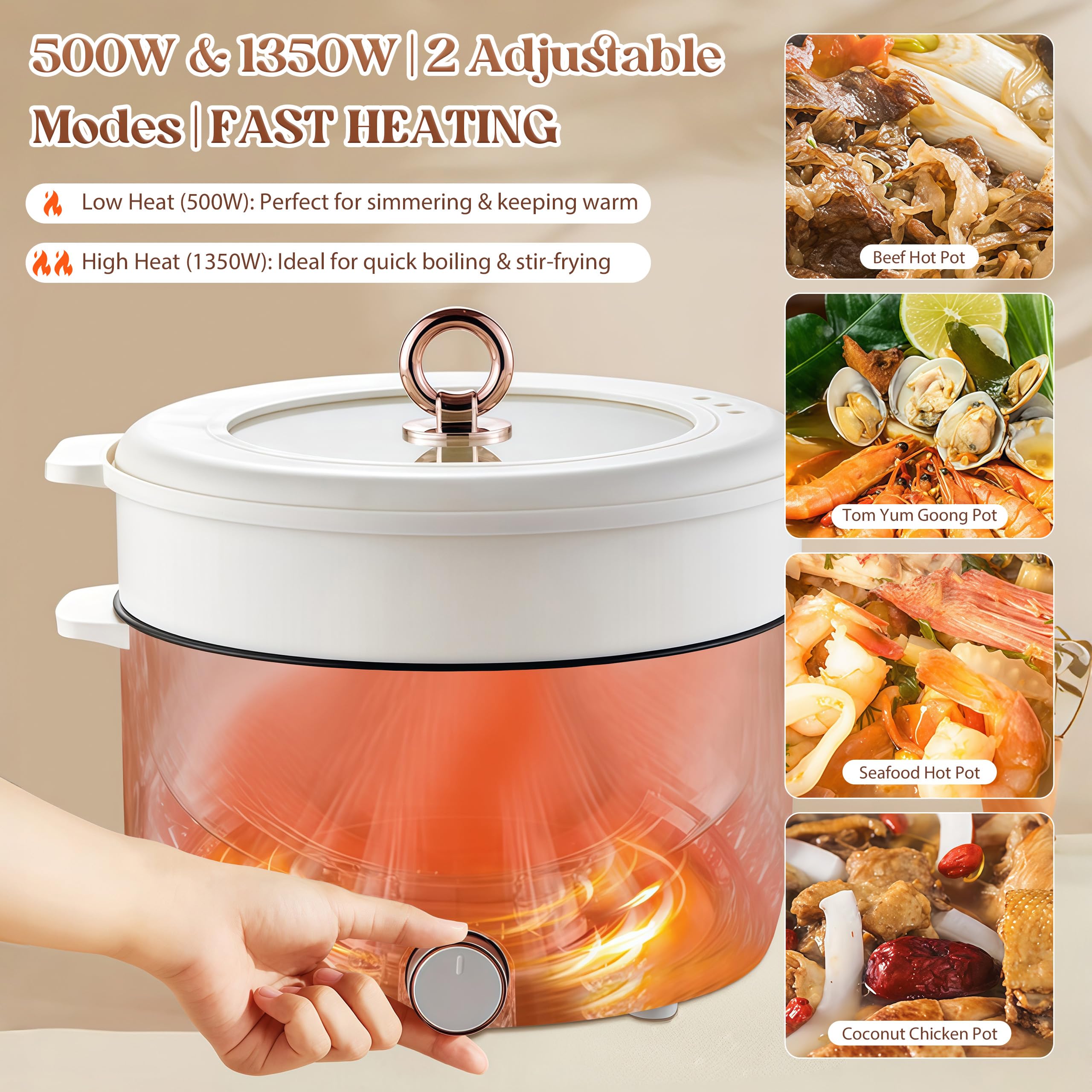 Elektrischer Hot Pot mit Dampfeinsatz, 5L Elektrische Hot Pot, 1350W Hotpot Topf, Tragbare Antihaft Multikocher für Braten Ramen Fondue Suppe, Elektropfanne für Zuhause, Büro, Schlafsaal