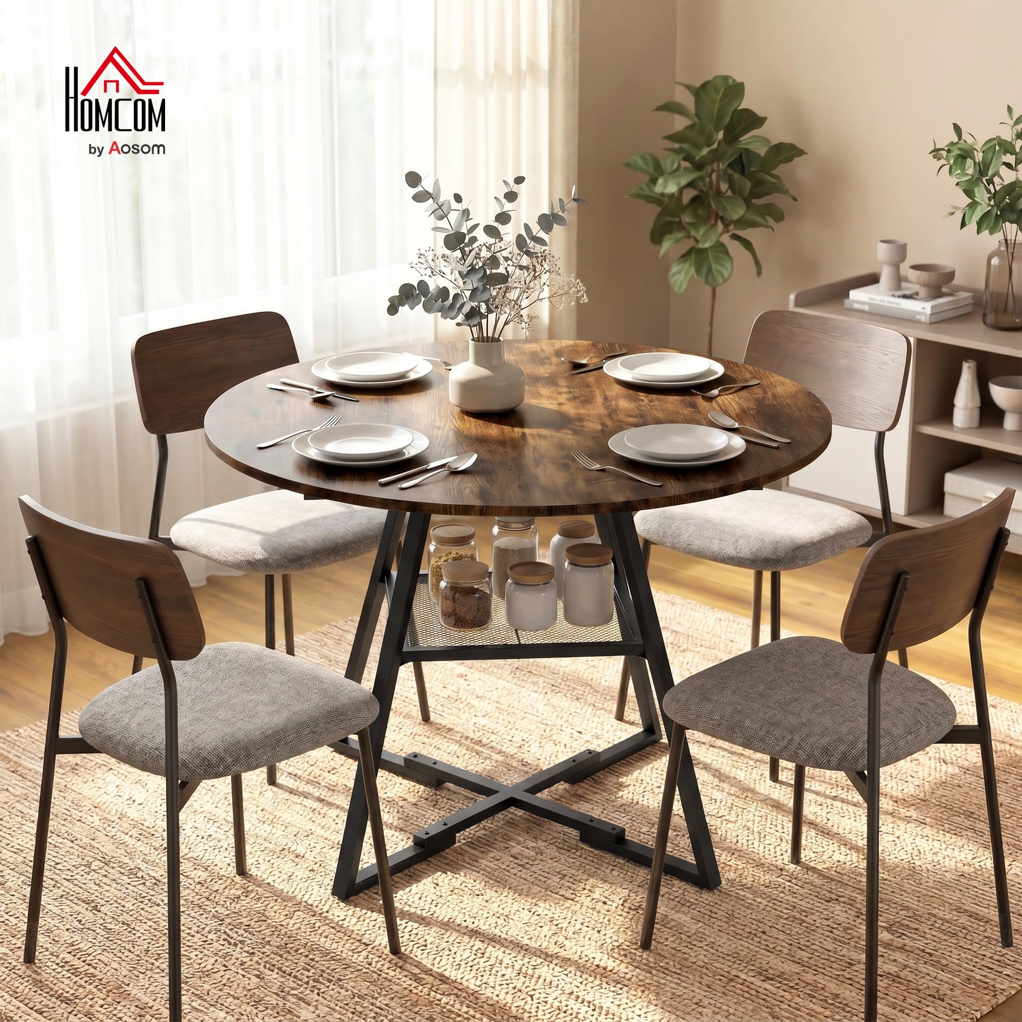 HOMCOM Tavolo da Pranzo Rotondo per 4 Persone, Tavolo Cucina Ø100 cm con Ripiano a Rete, Piano Effetto Legno e Gambe a Croce in Metallo, Tavolino da Soggiorno Sala da Pranzo, Marrone Rustico