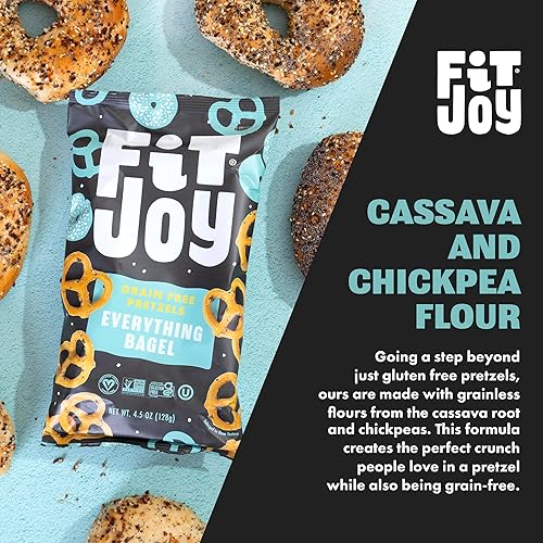Miniatura 4 de FitJoy Pretzels Sabor Everything Bagel (Paquete de 6, 4.5 Oz), Aperitivos Sin Lácteos, Nueces y Gluten, Sin Granos, Raíz de Yuca y Harina