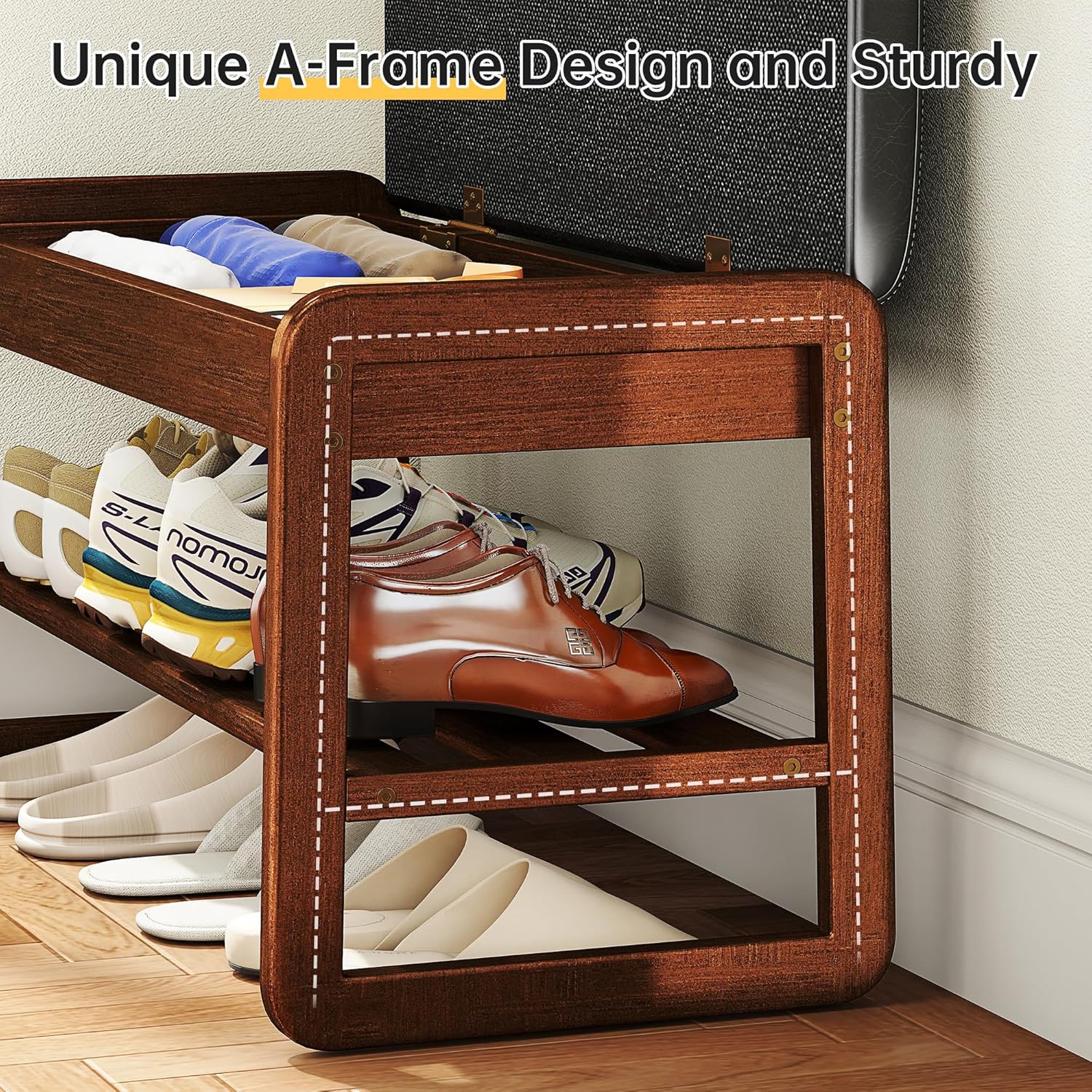 Shoe Rack Bench with Flip-Top Storage, Solid Rubberwood 2-Tier Shoe Organizer with Cushion, Wooden Shoe Stand for Entryway, Mudroom, Hallway, Closet, Front Door Entrance, Foyer