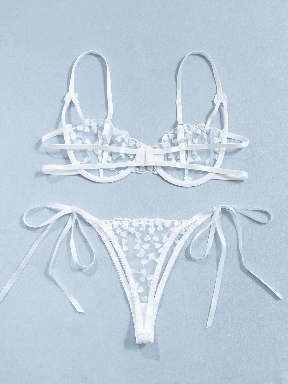 Lilosy Sexy Tie Side Cute Underwire Push Up Strappy Embroidered Mesh Sheer Lingerie Set - Image 2